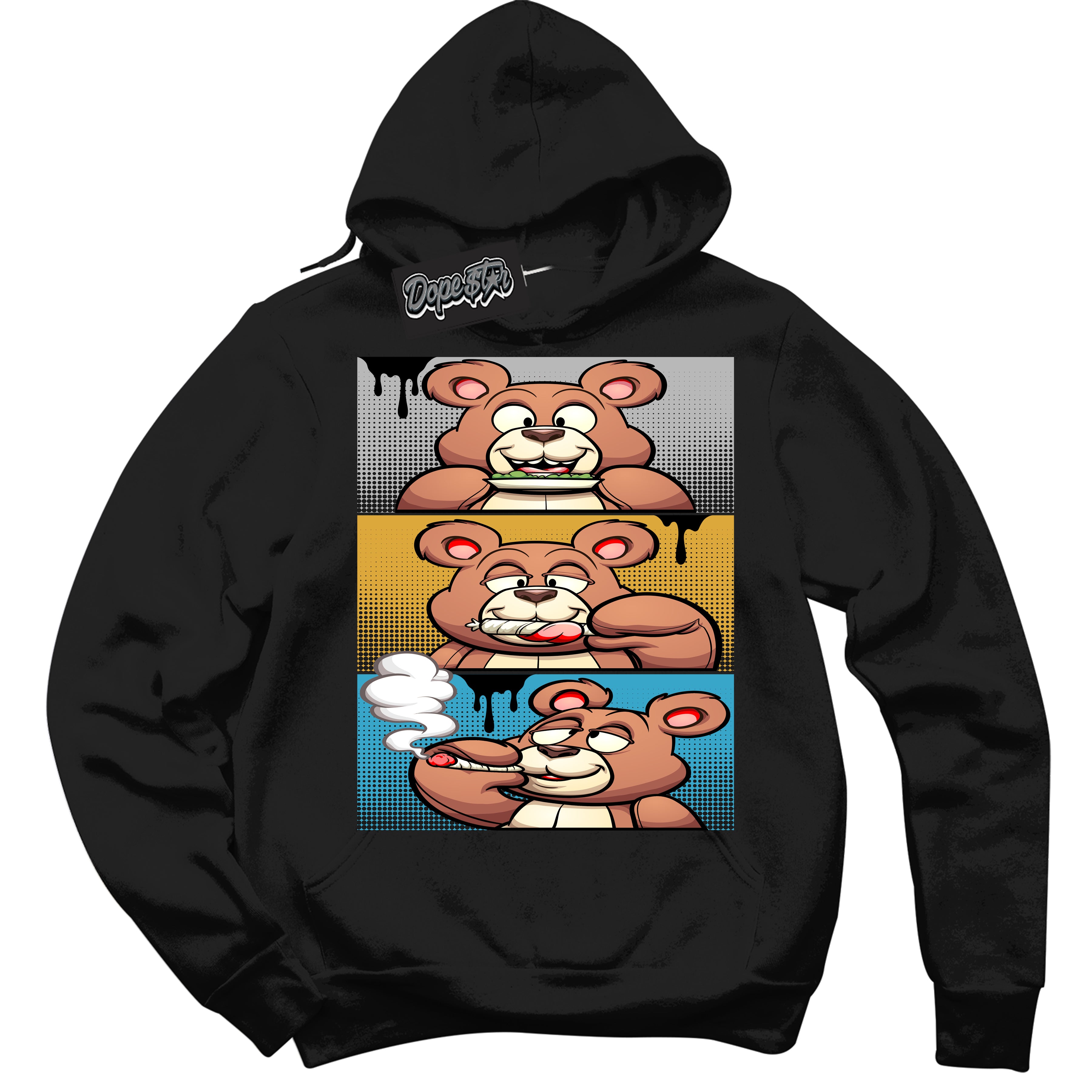 Cool Black Hoodie with “ Roll It Lick It Smoke It Bear ”  design that Perfectly Matches Aqua 5s Sneakers.