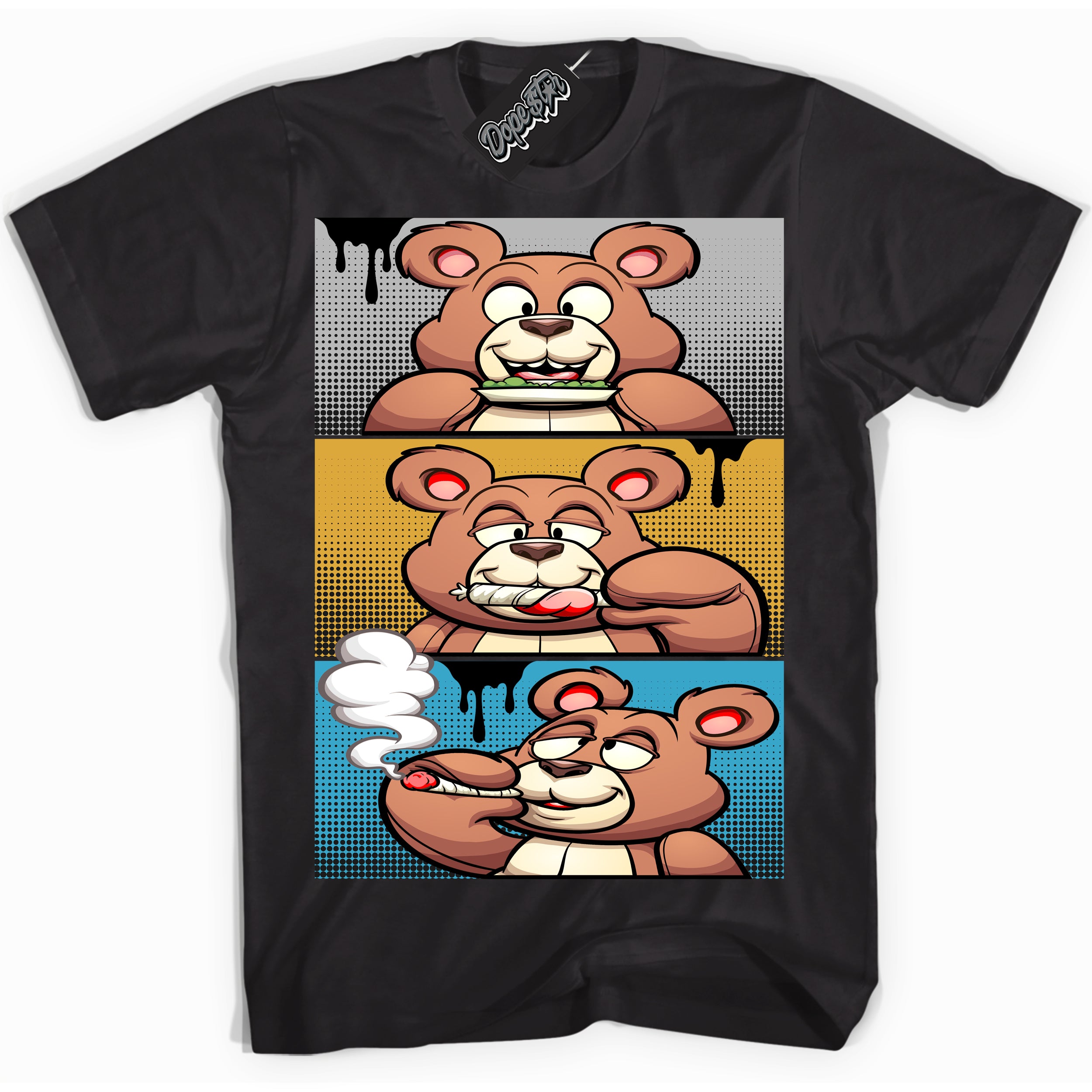 Cool Black Shirt with “ Roll It Lick It Smoke It Bear” design that perfectly matches Aqua 5s Sneakers.
