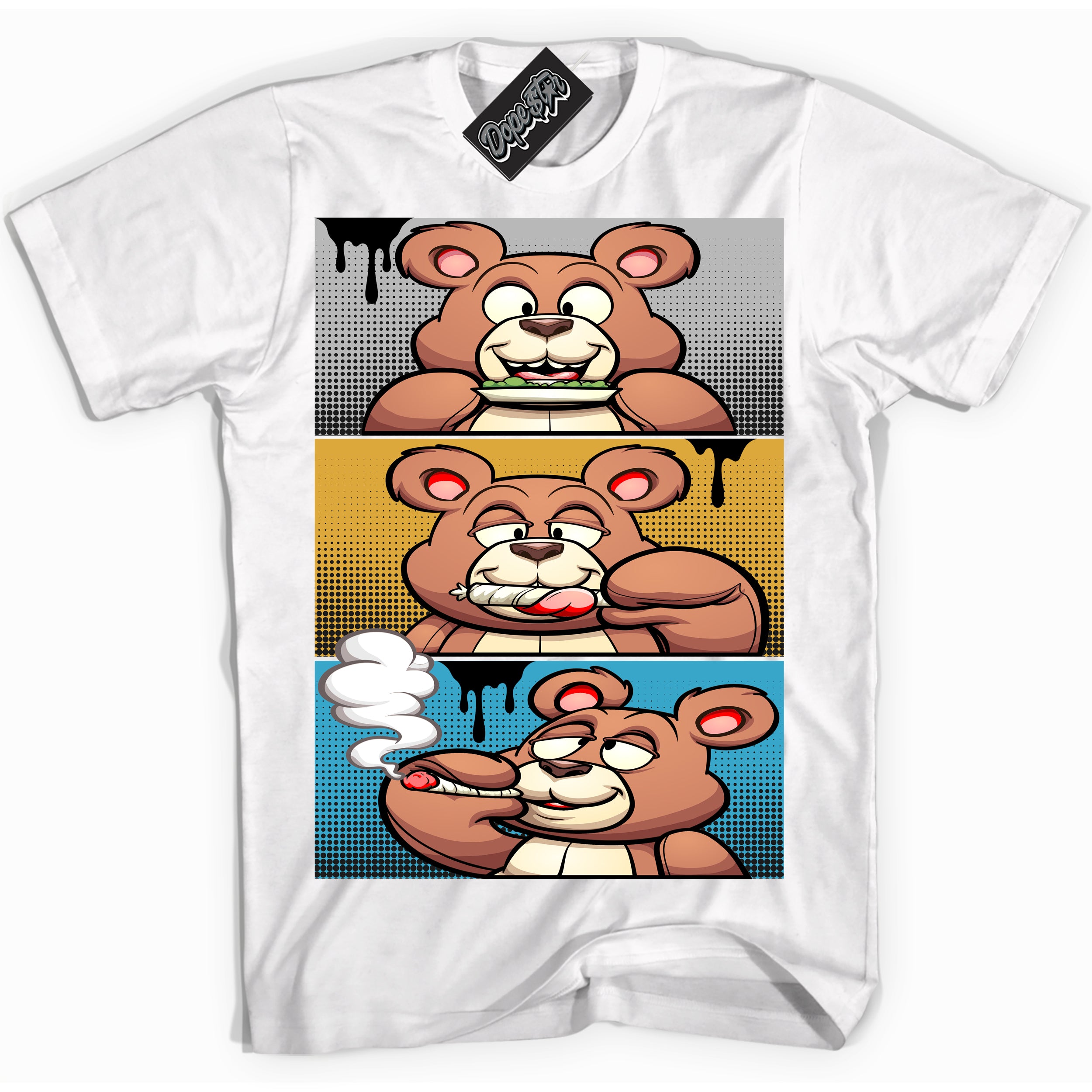 Cool White Shirt with “ Roll It Lick It Smoke It Bear” design that perfectly matches Aqua 5s Sneakers.