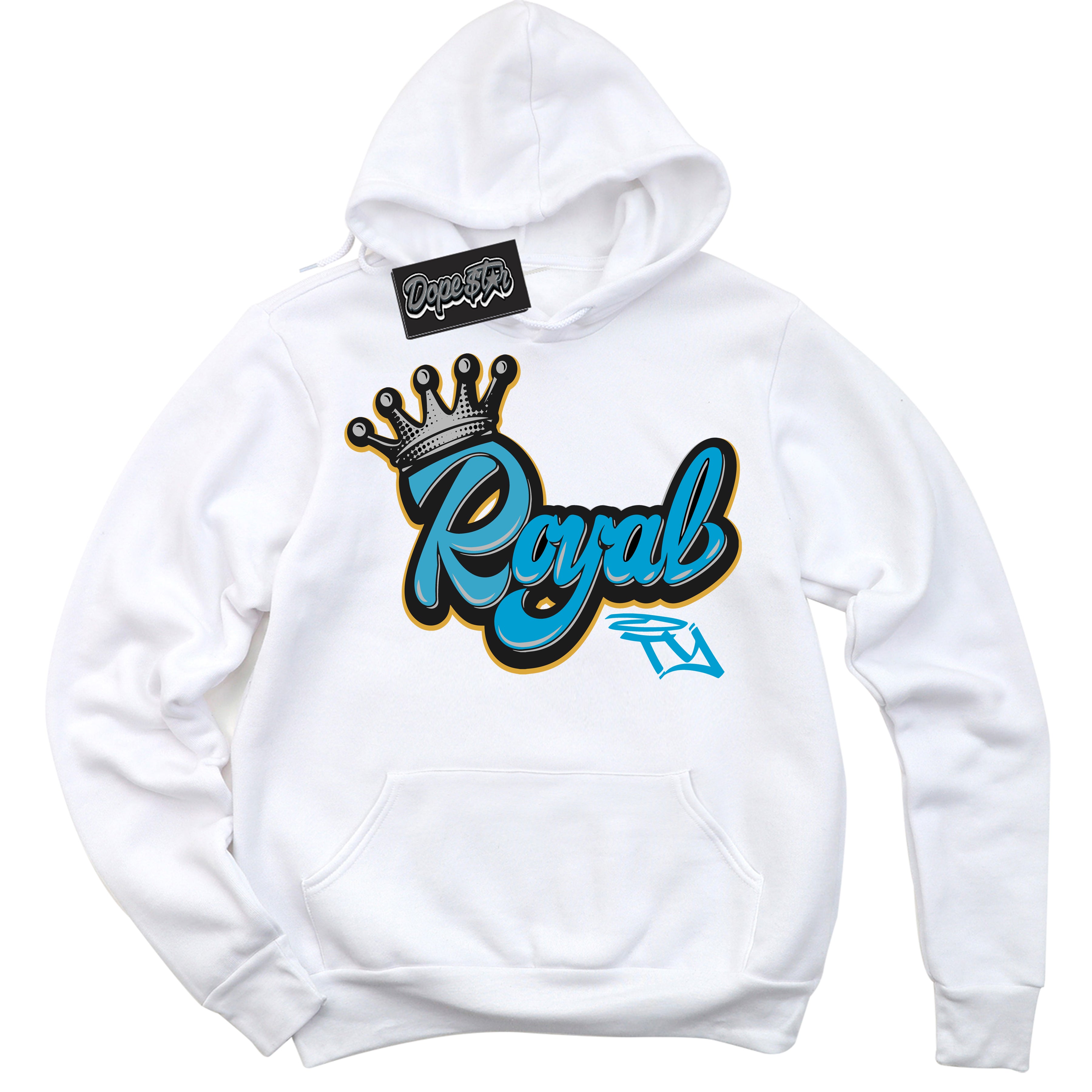 Cool White Hoodie with “ Royalty ”  design that Perfectly Matches Aqua 5s Sneakers.