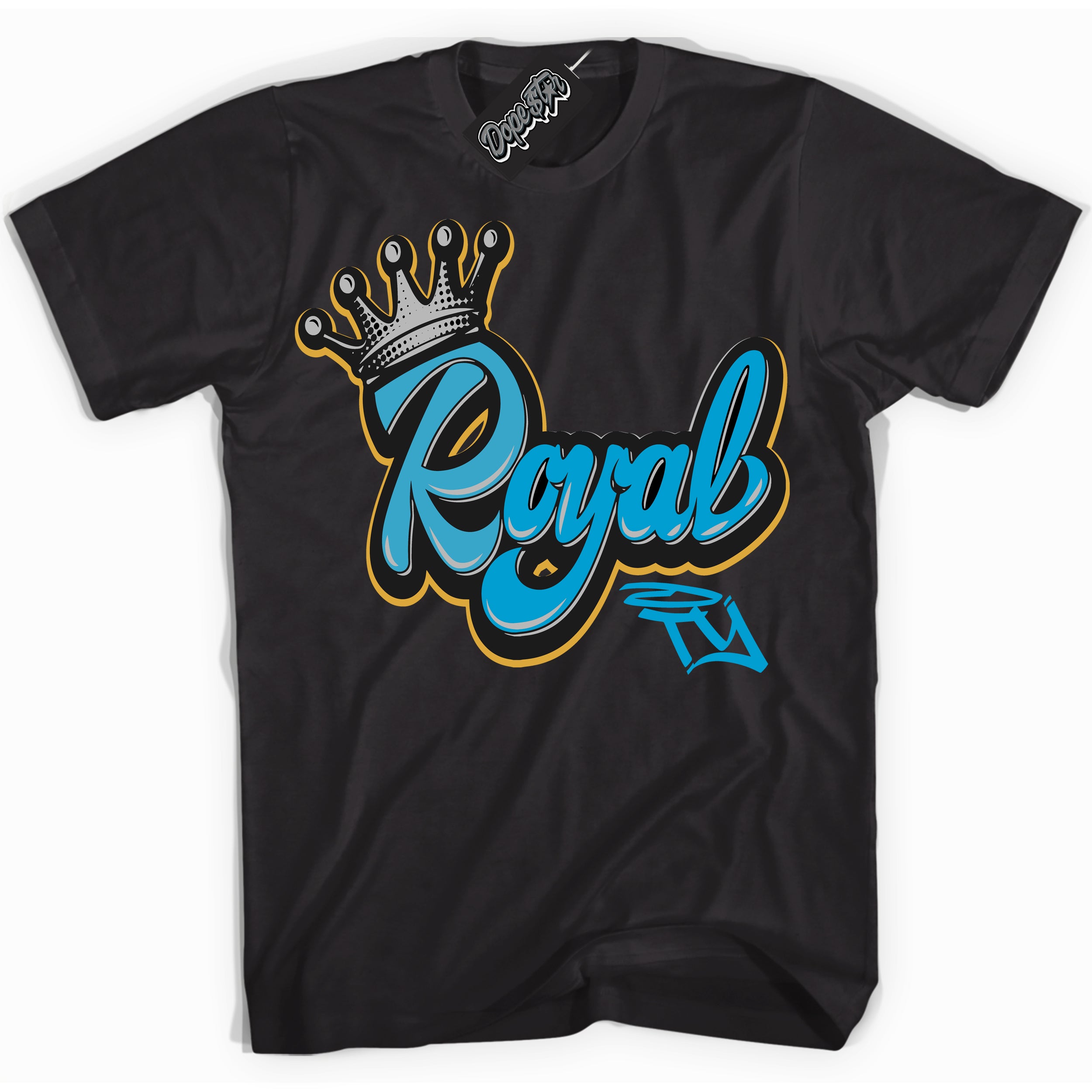 Cool Black Shirt with “ Royalty” design that perfectly matches Aqua 5s Sneakers.