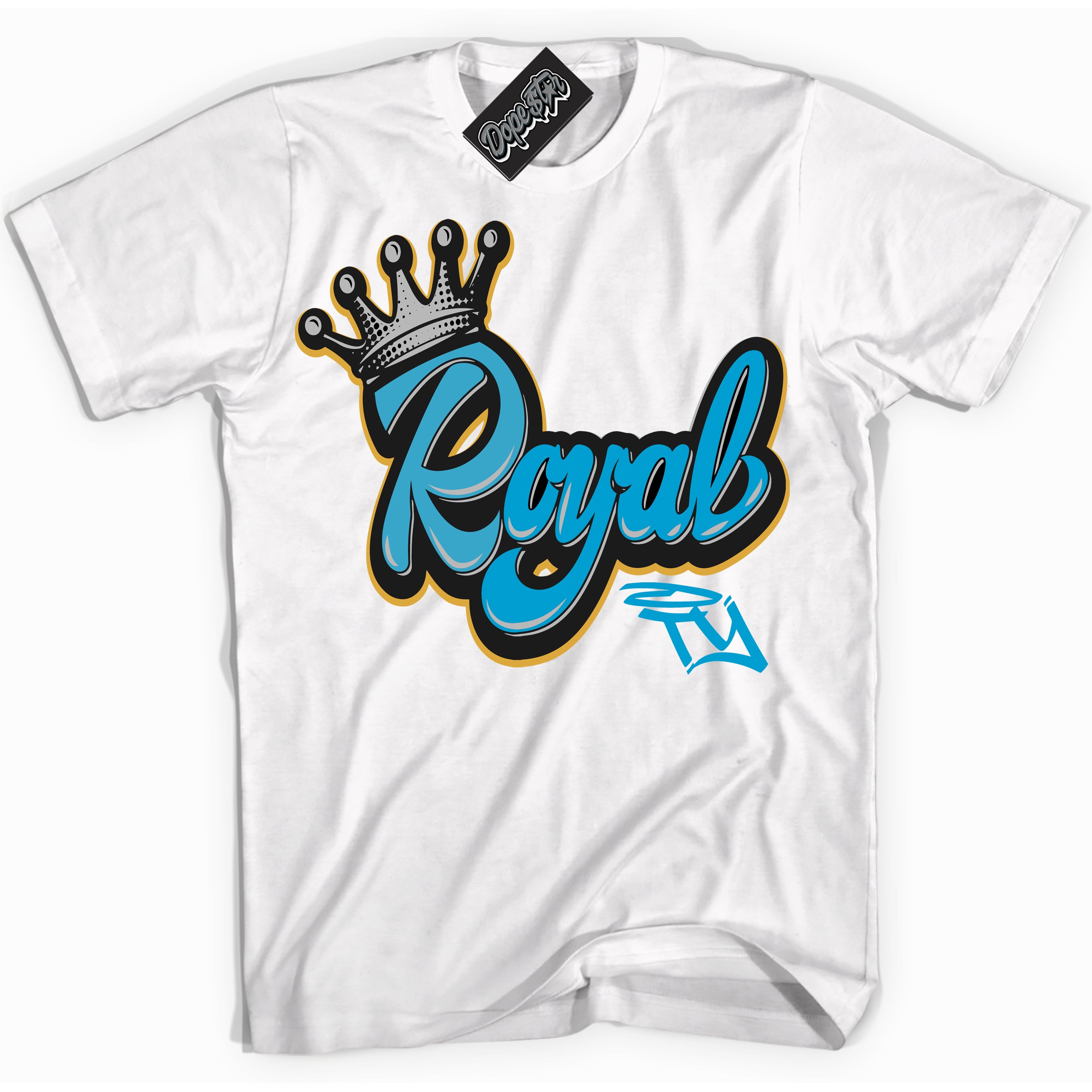 Cool White Shirt with “ Royalty” design that perfectly matches Aqua 5s Sneakers.