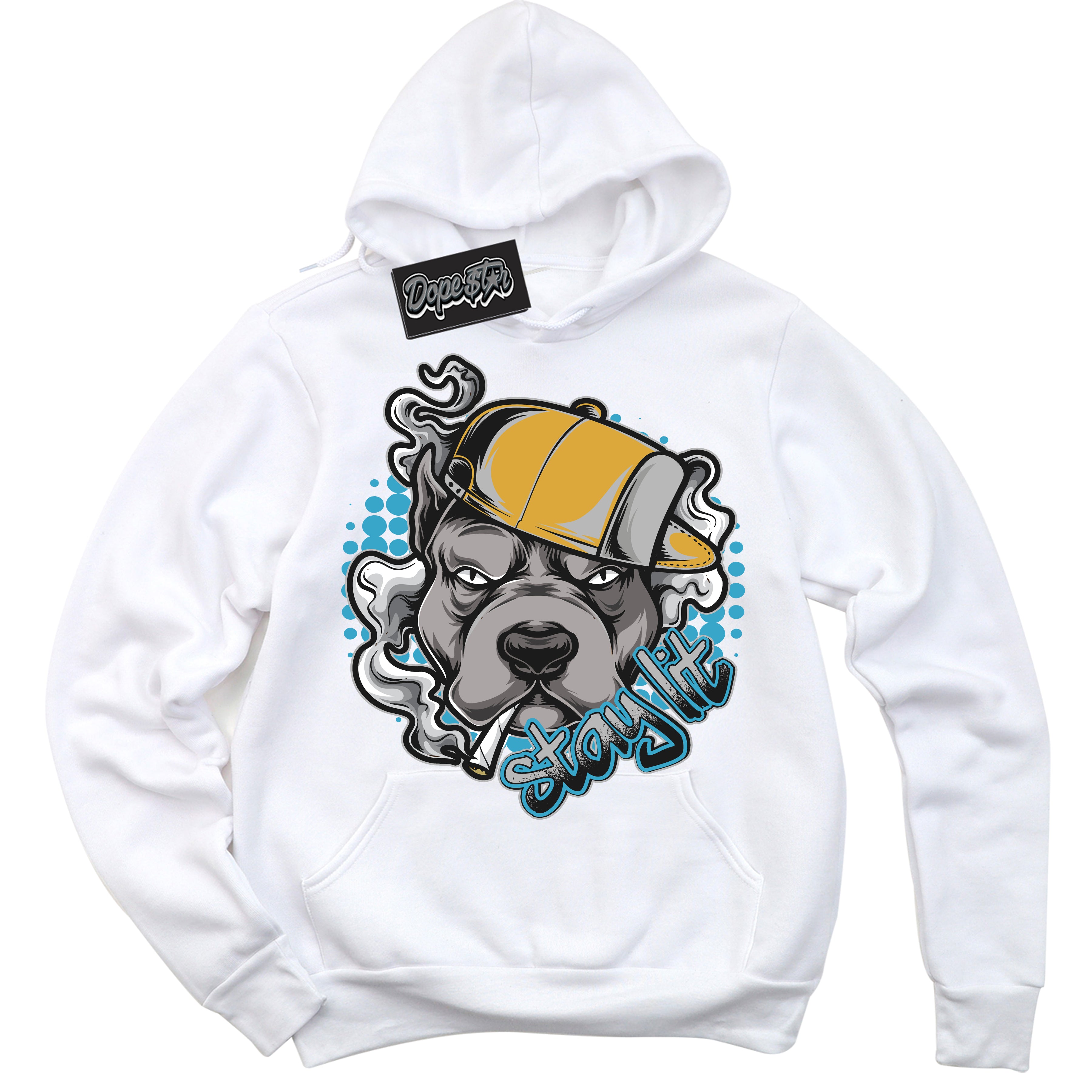 Cool White Graphic Hoodie with “ Stay Lit “ print, that perfectly matches Air Jordan 5 AQUA  sneakers