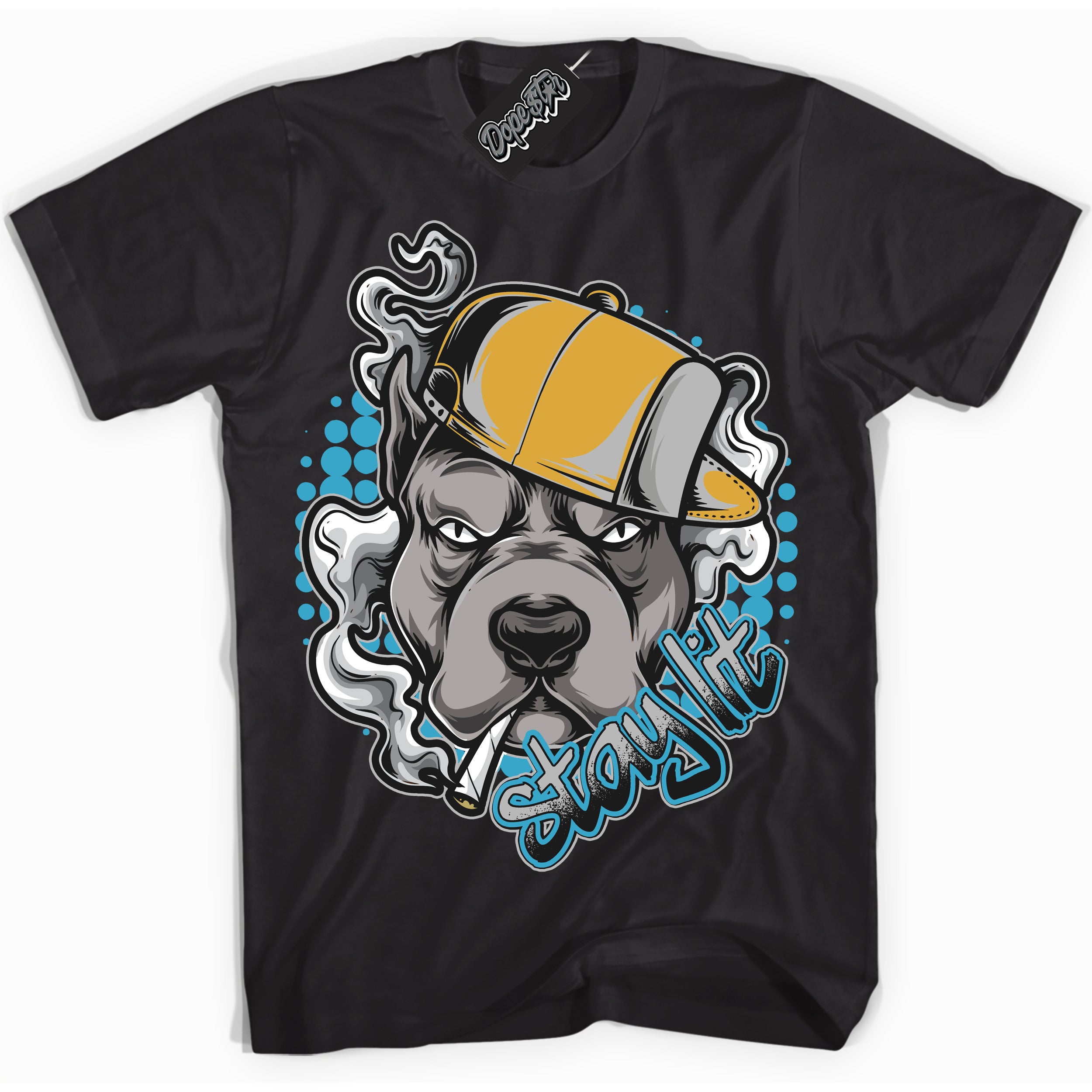 Cool Black graphic tee with “ Stay Lit ” print, that perfectly matches Air Jordan 5 Aqua sneakers 