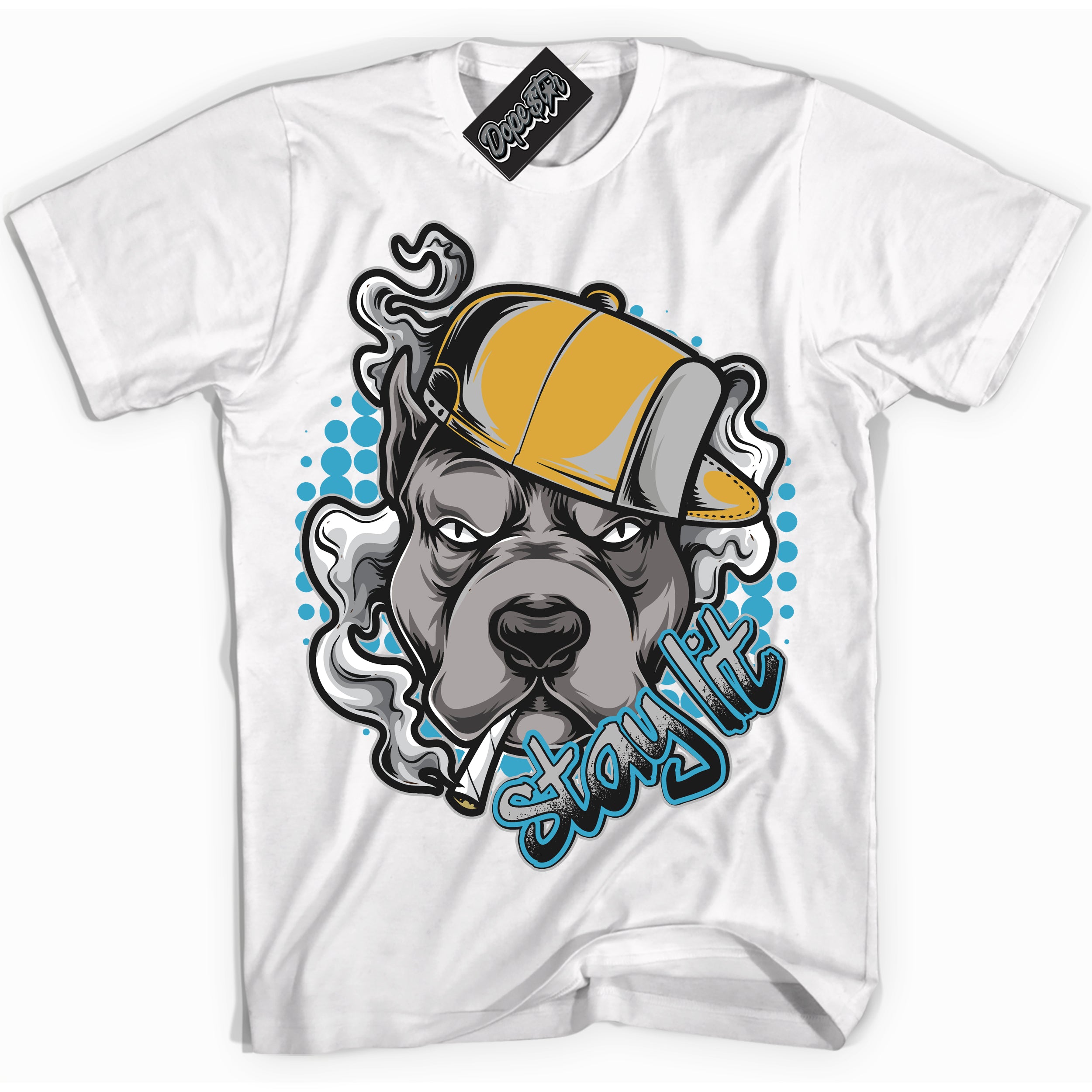 Cool White graphic tee with “ Stay Lit ” print, that perfectly matches Air Jordan 5 Aqua sneakers 