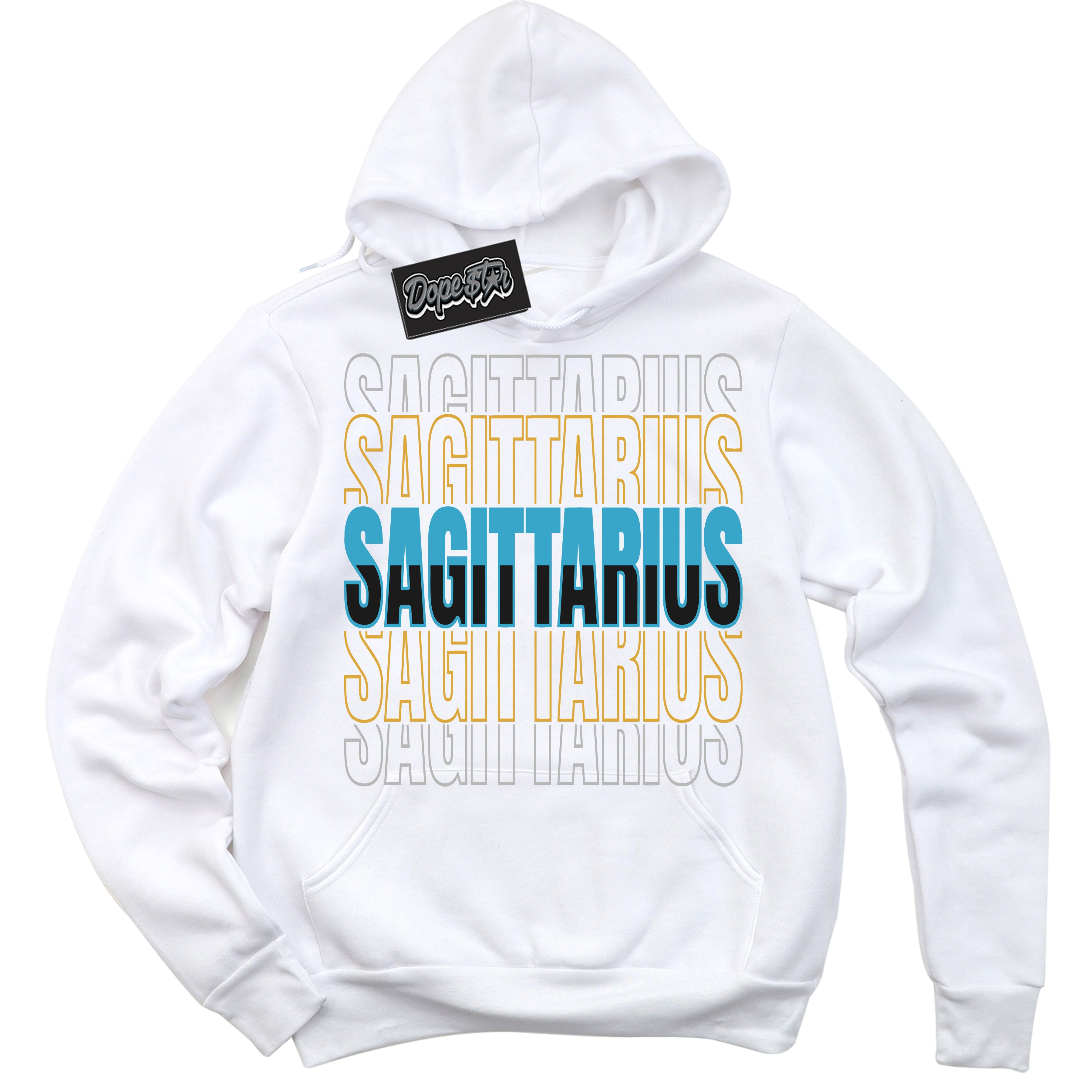 Cool White Hoodie with “ Sagittarius ”  design that Perfectly Matches Aqua 5s Sneakers.