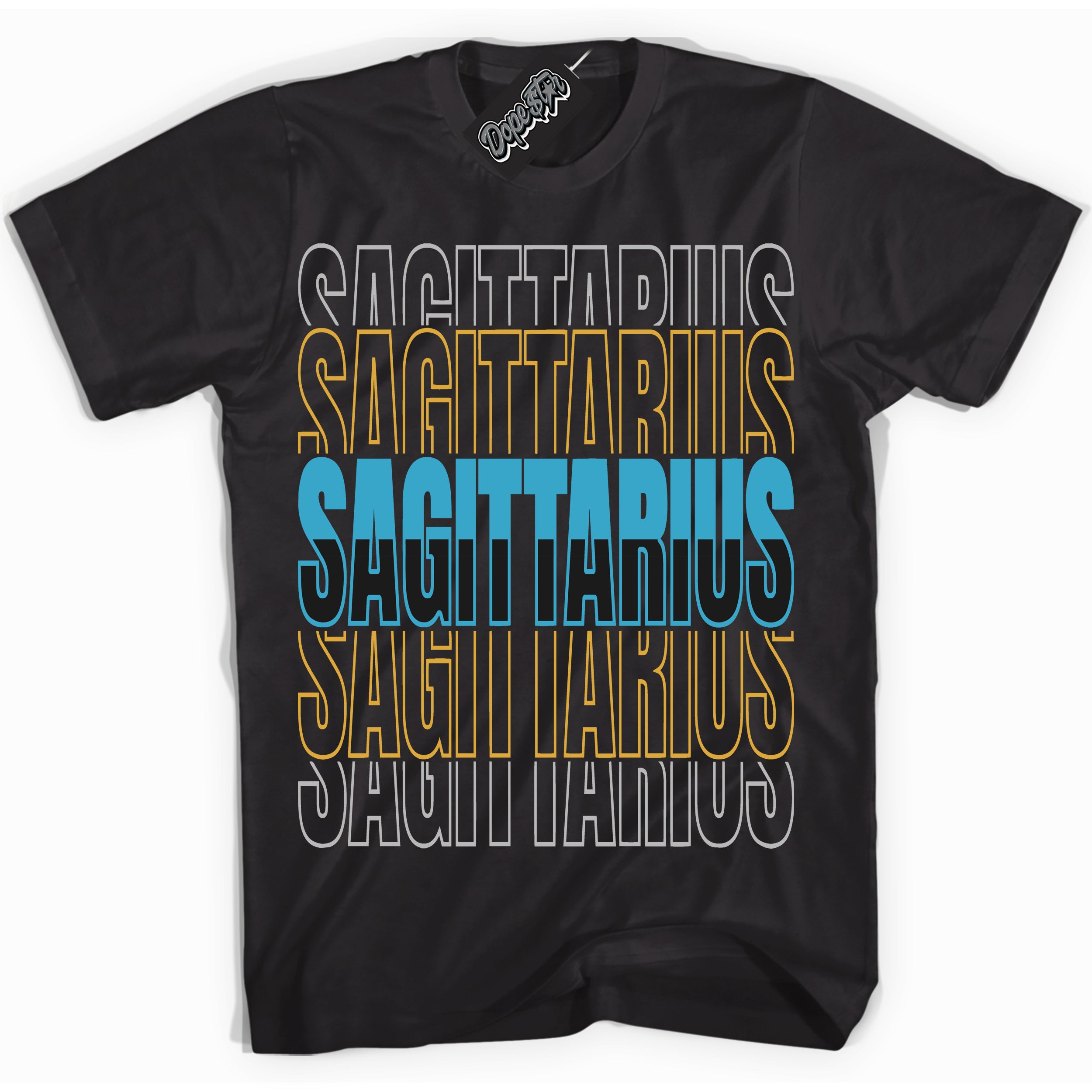 Cool Black Shirt with “ Sagittarius” design that perfectly matches Aqua 5s Sneakers.