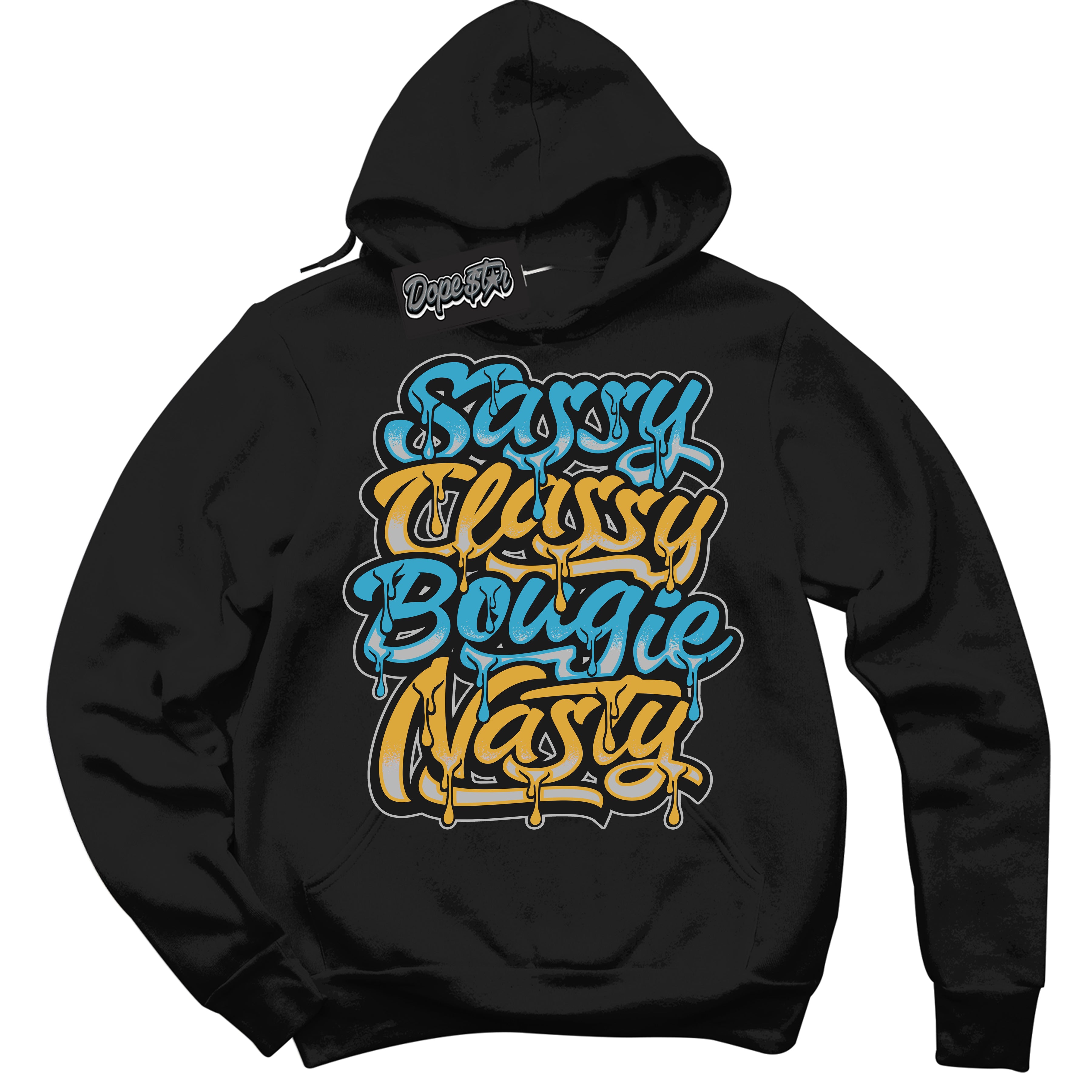 Cool Black Hoodie with “ Sassy Classy ”  design that Perfectly Matches Aqua 5s Sneakers.