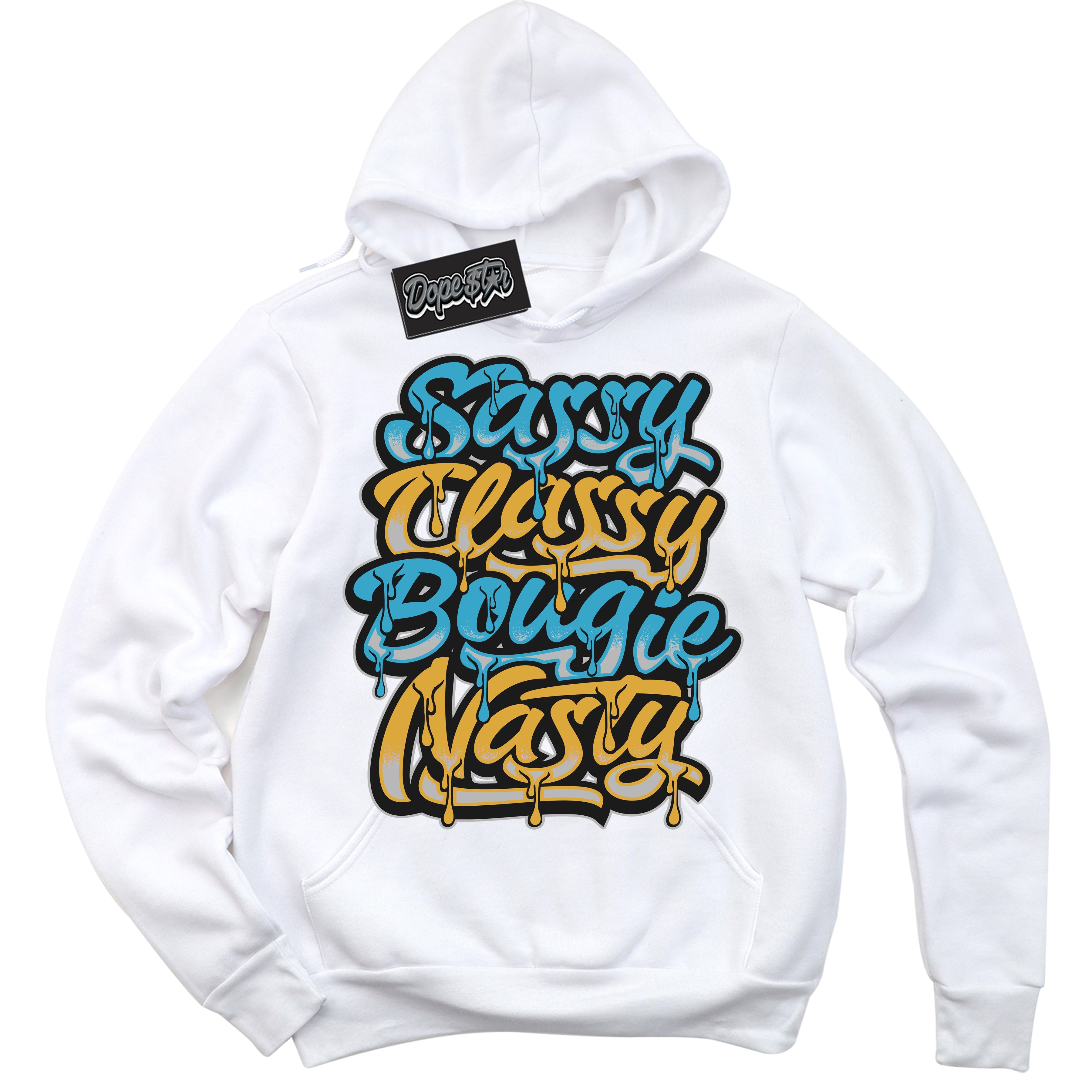 Cool White Hoodie with “ Sassy Classy ”  design that Perfectly Matches Aqua 5s Sneakers.