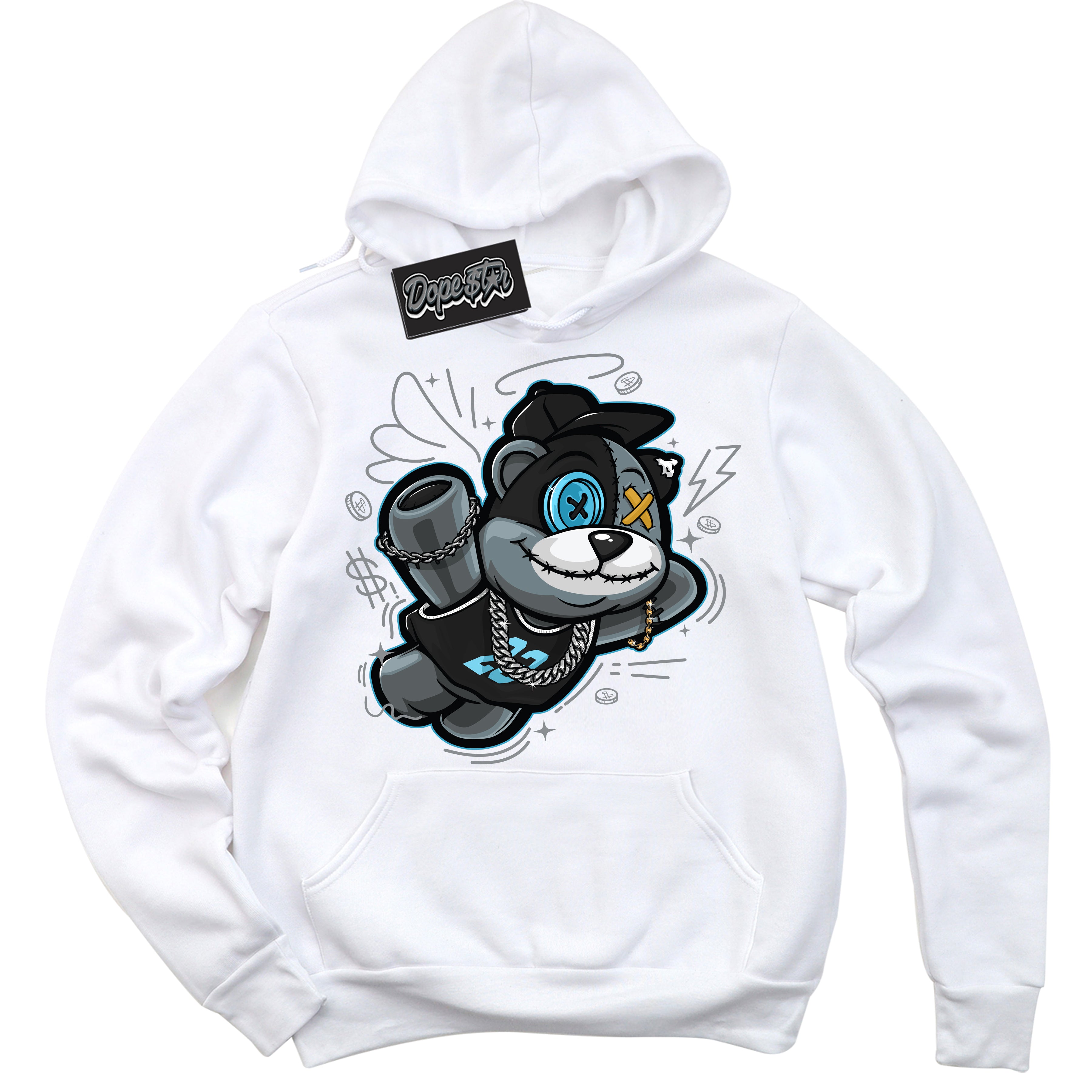 Cool White Hoodie with “ Slam Dunk Bear ”  design that Perfectly Matches Aqua 5s Sneakers.