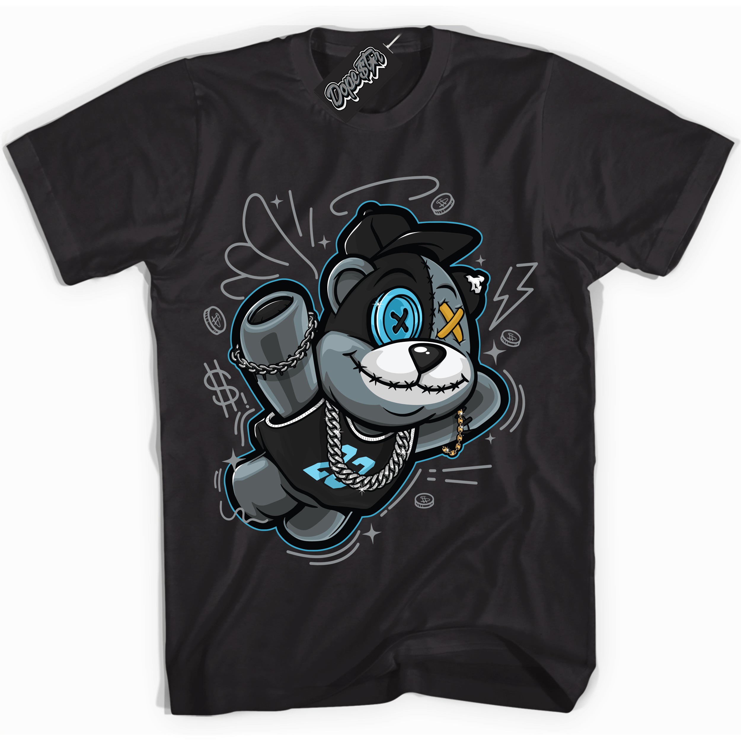 Cool Black Shirt with “ Slam Dunk Bear” design that perfectly matches Aqua 5s Sneakers.