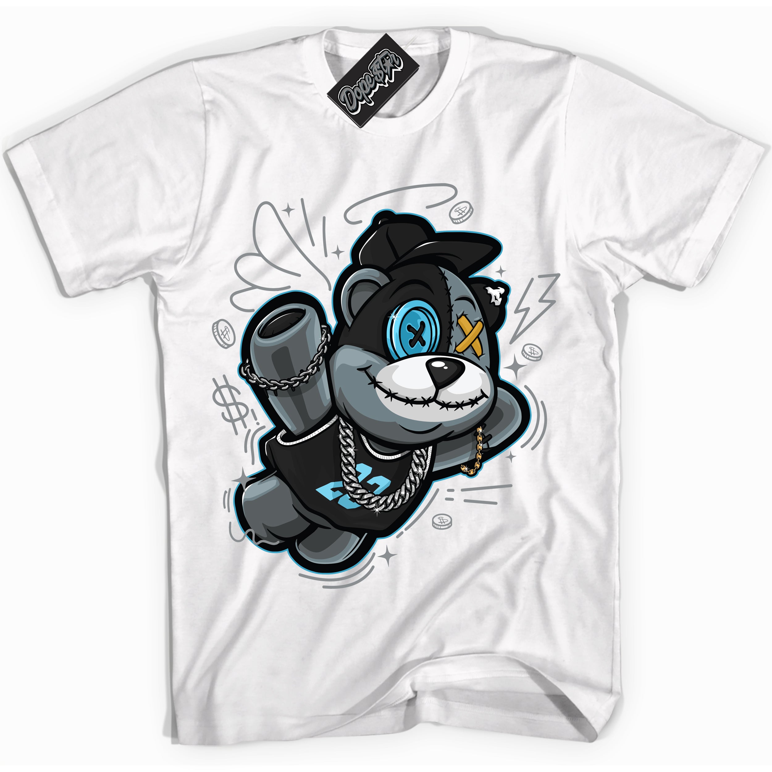 Cool White Shirt with “ Slam Dunk Bear” design that perfectly matches Aqua 5s Sneakers.