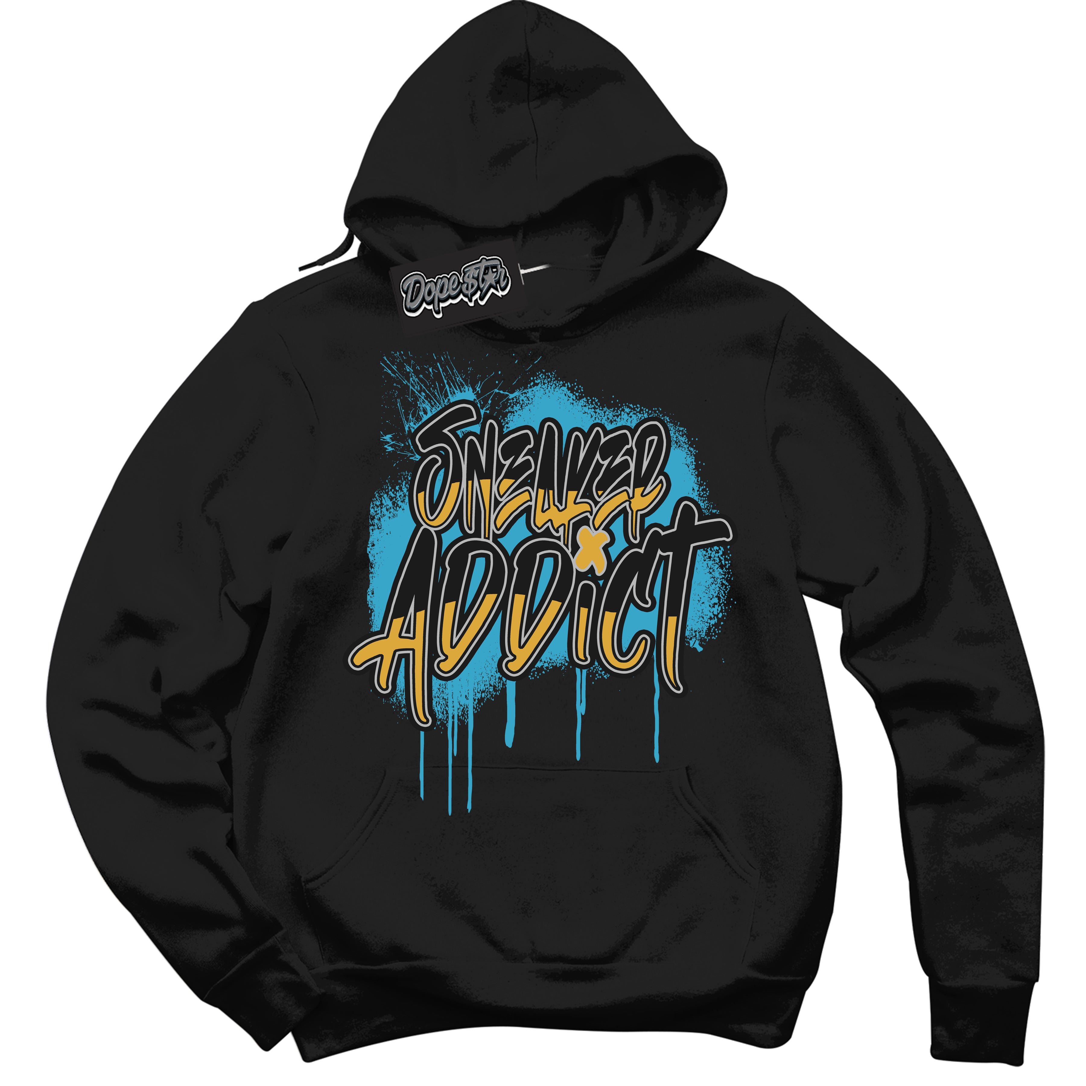 Cool Black Graphic Hoodie with “ Sneaker addict “ print, that perfectly matches Air Jordan 5 AQUA  sneakers