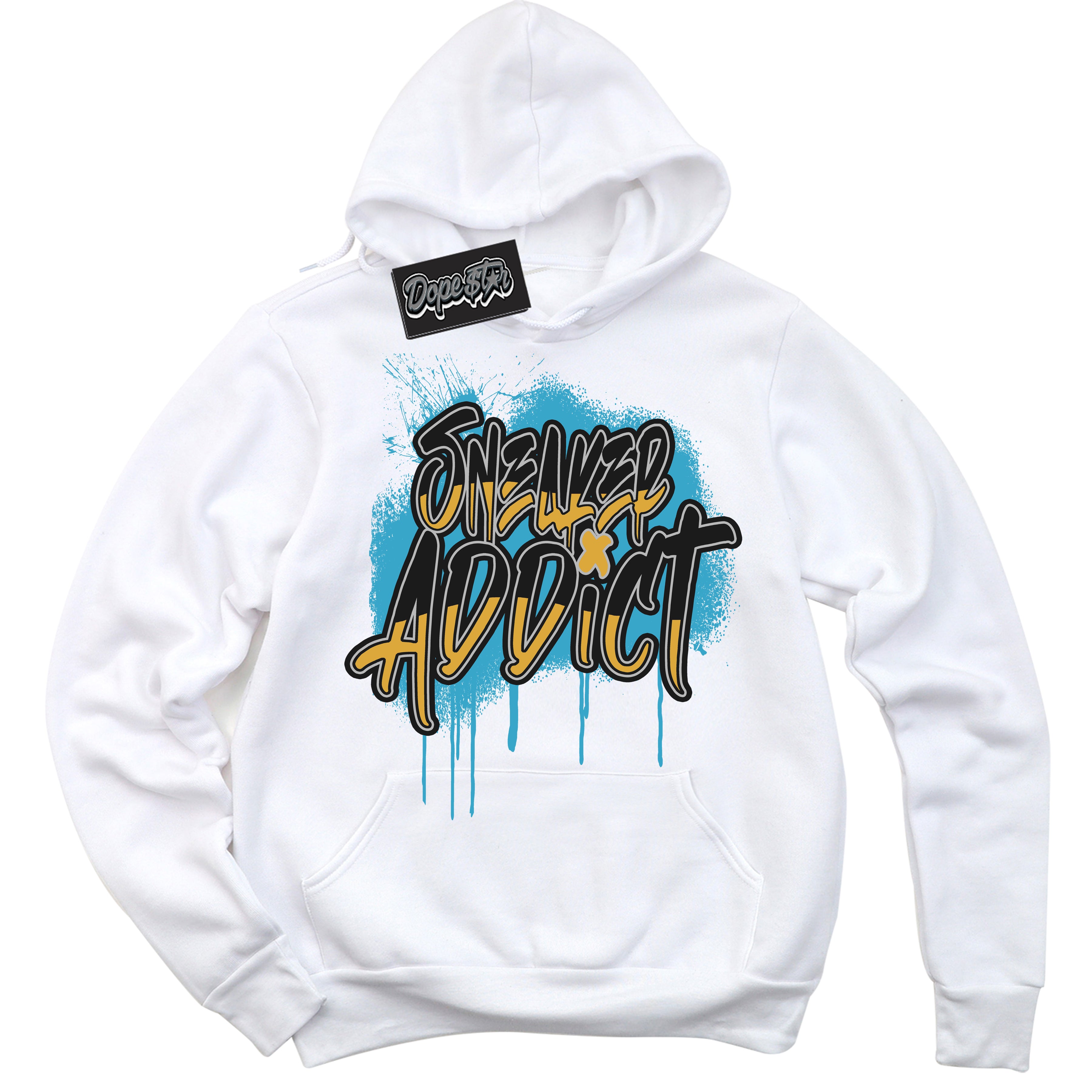 Cool White Graphic Hoodie with “ Sneaker addict “ print, that perfectly matches Air Jordan 5 AQUA  sneakers