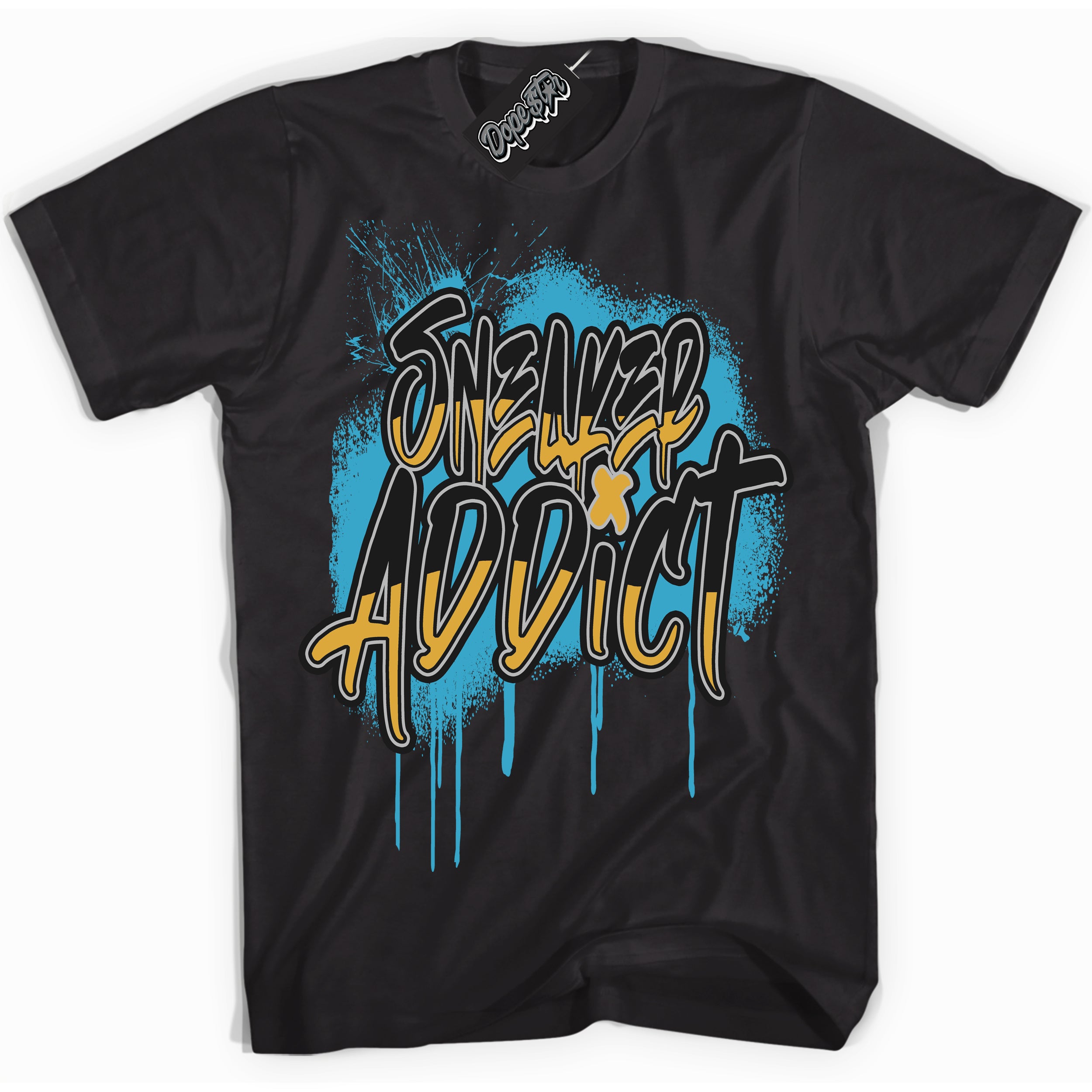 Cool Black graphic tee with “ Sneaker Addict ” print, that perfectly matches AQUA 5s sneakers 
