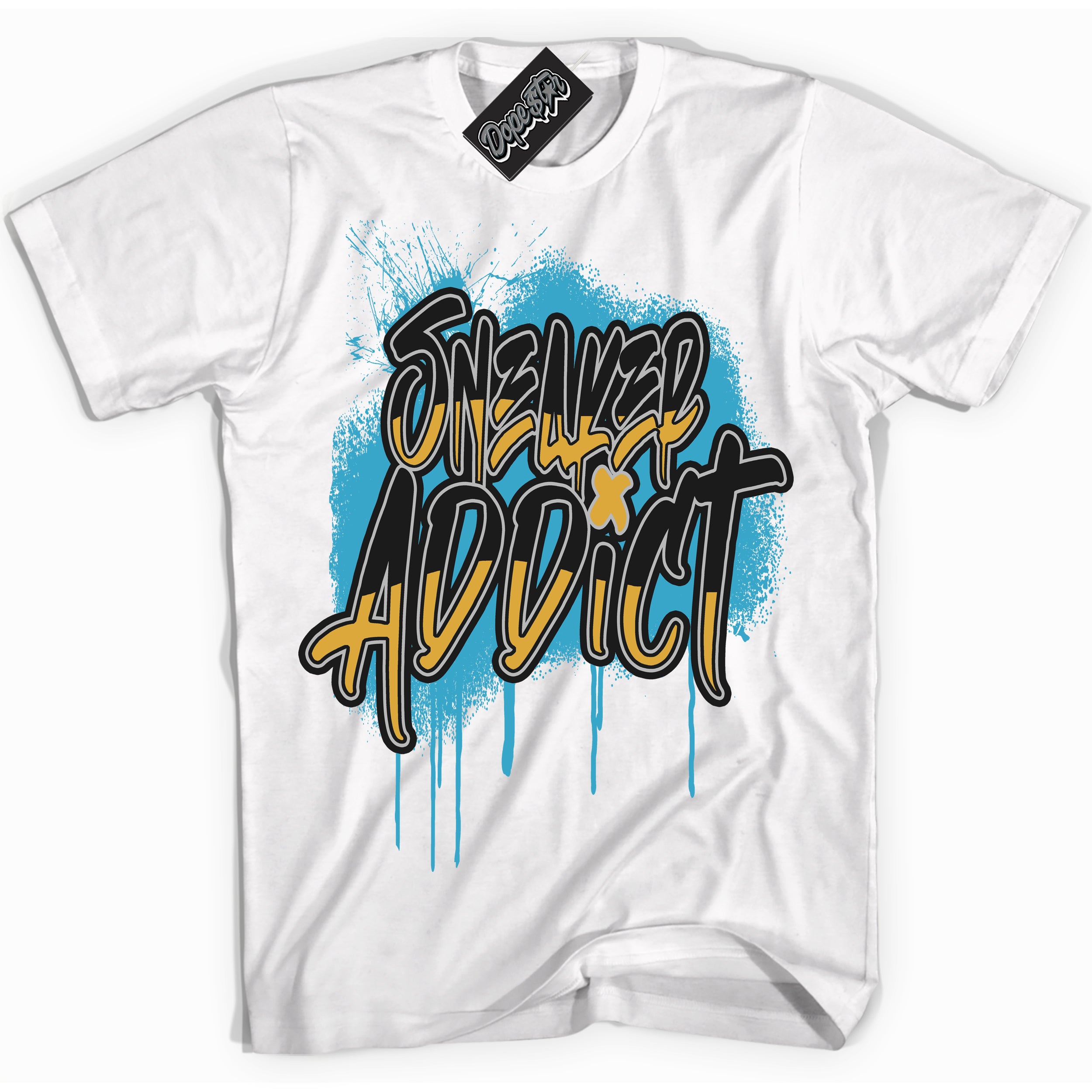 Cool White graphic tee with “ Sneaker Addict ” print, that perfectly matches AQUA 5s sneakers