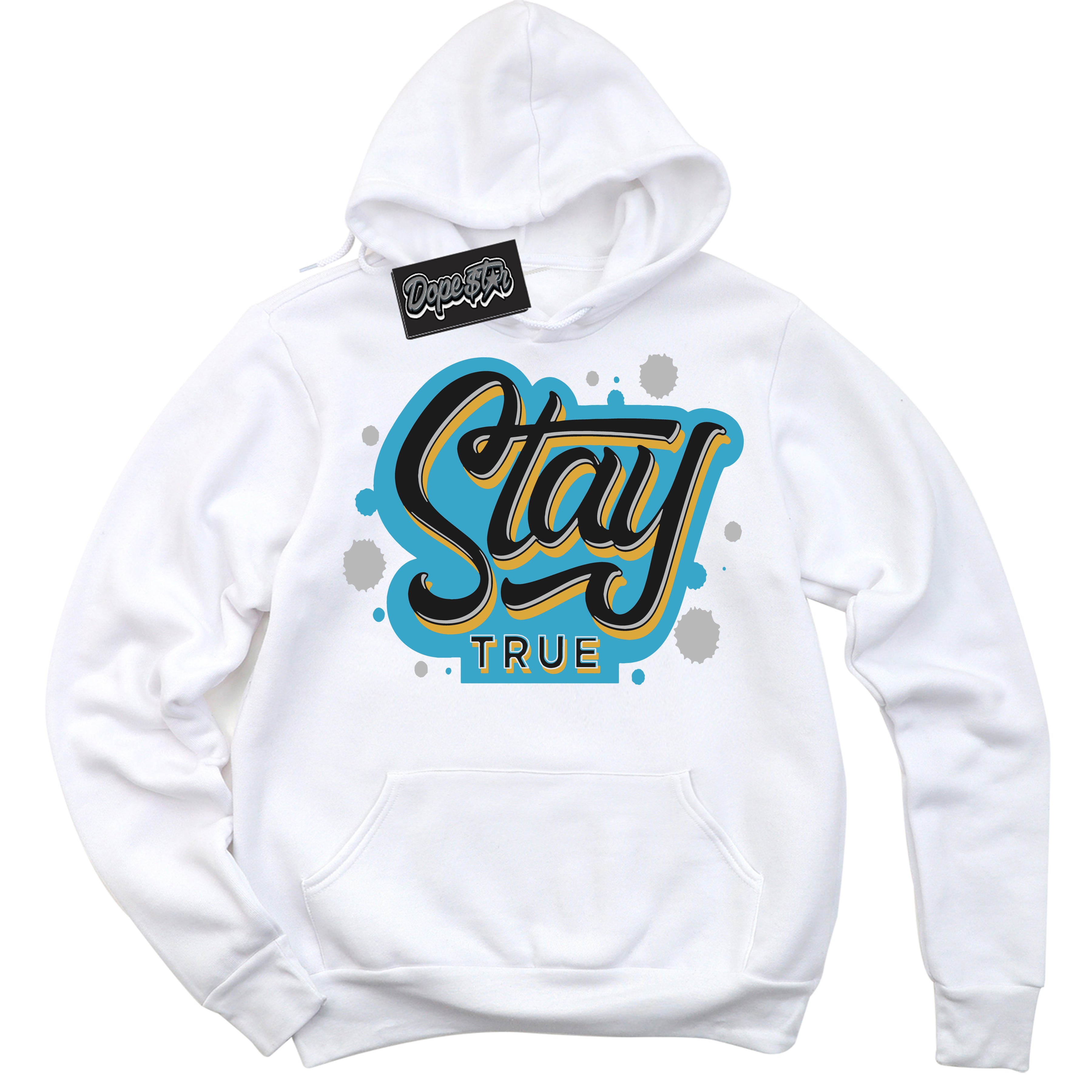 Cool White Hoodie with “ Stay True ”  design that Perfectly Matches Aqua 5s Sneakers.