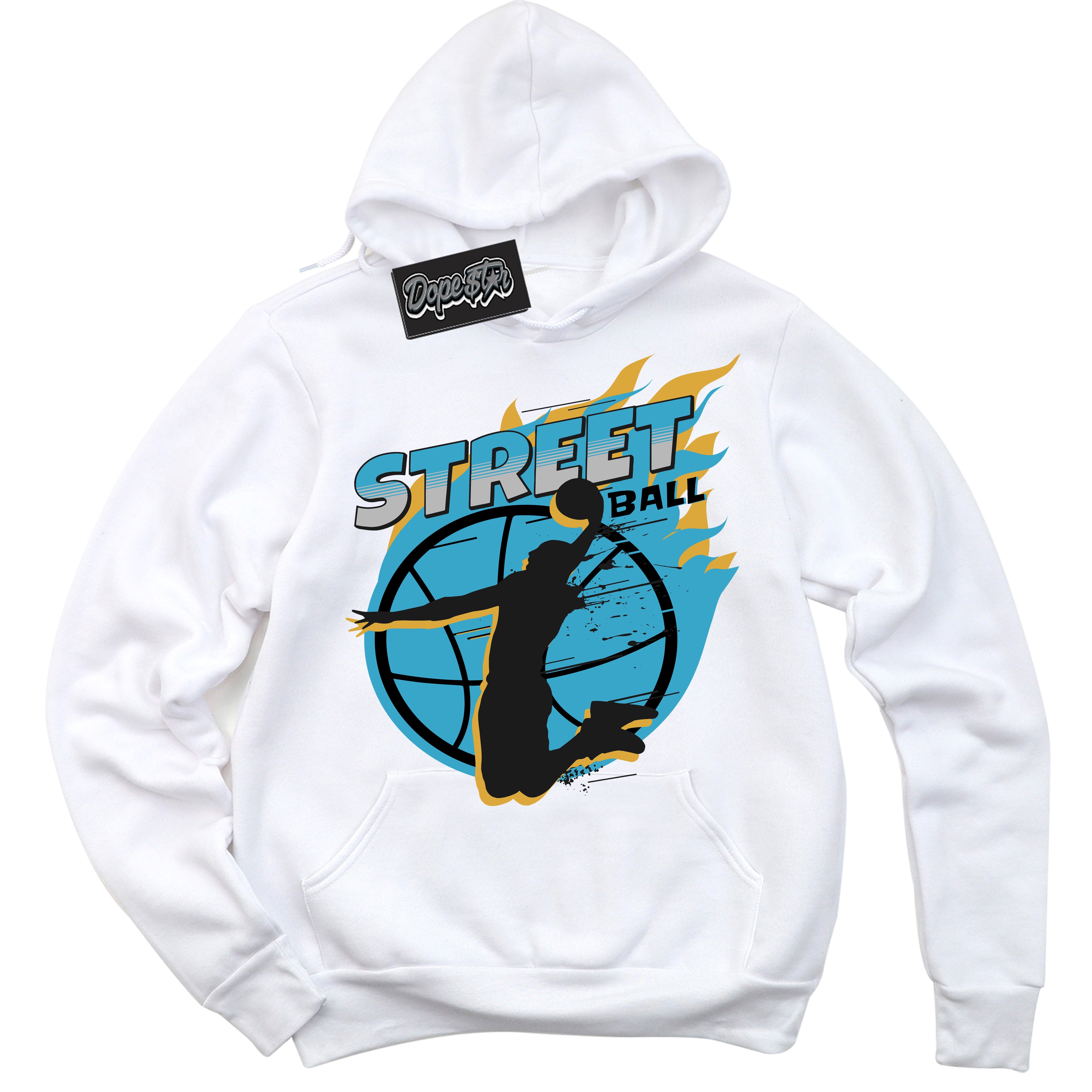 Cool White Hoodie with “ Street Ball ”  design that Perfectly Matches Aqua 5s Sneakers.