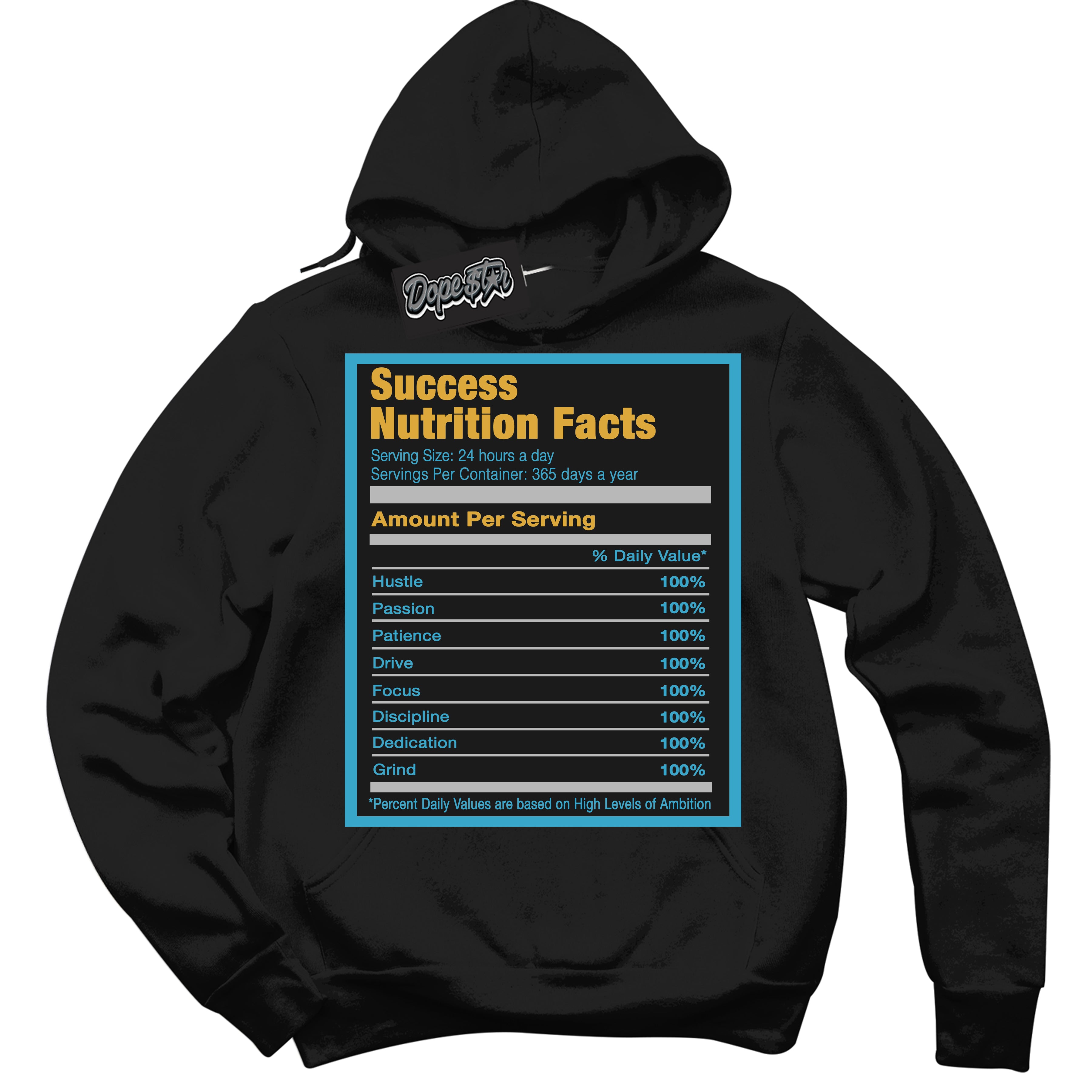 Cool Black Hoodie with “ Success Nutrition ”  design that Perfectly Matches Aqua 5s Sneakers.