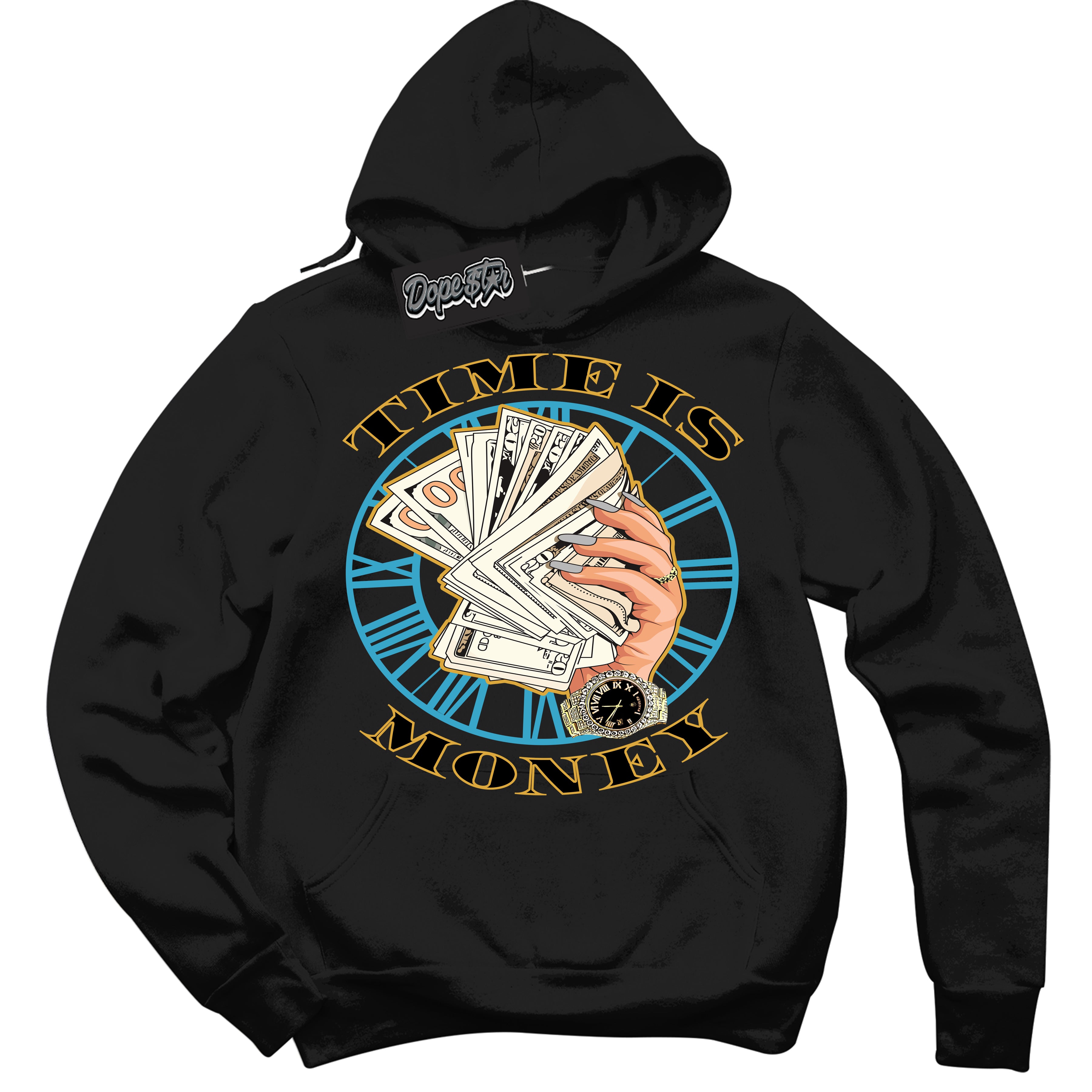Cool Black Hoodie with “ Time Is Money ”  design that Perfectly Matches Aqua 5s Sneakers.