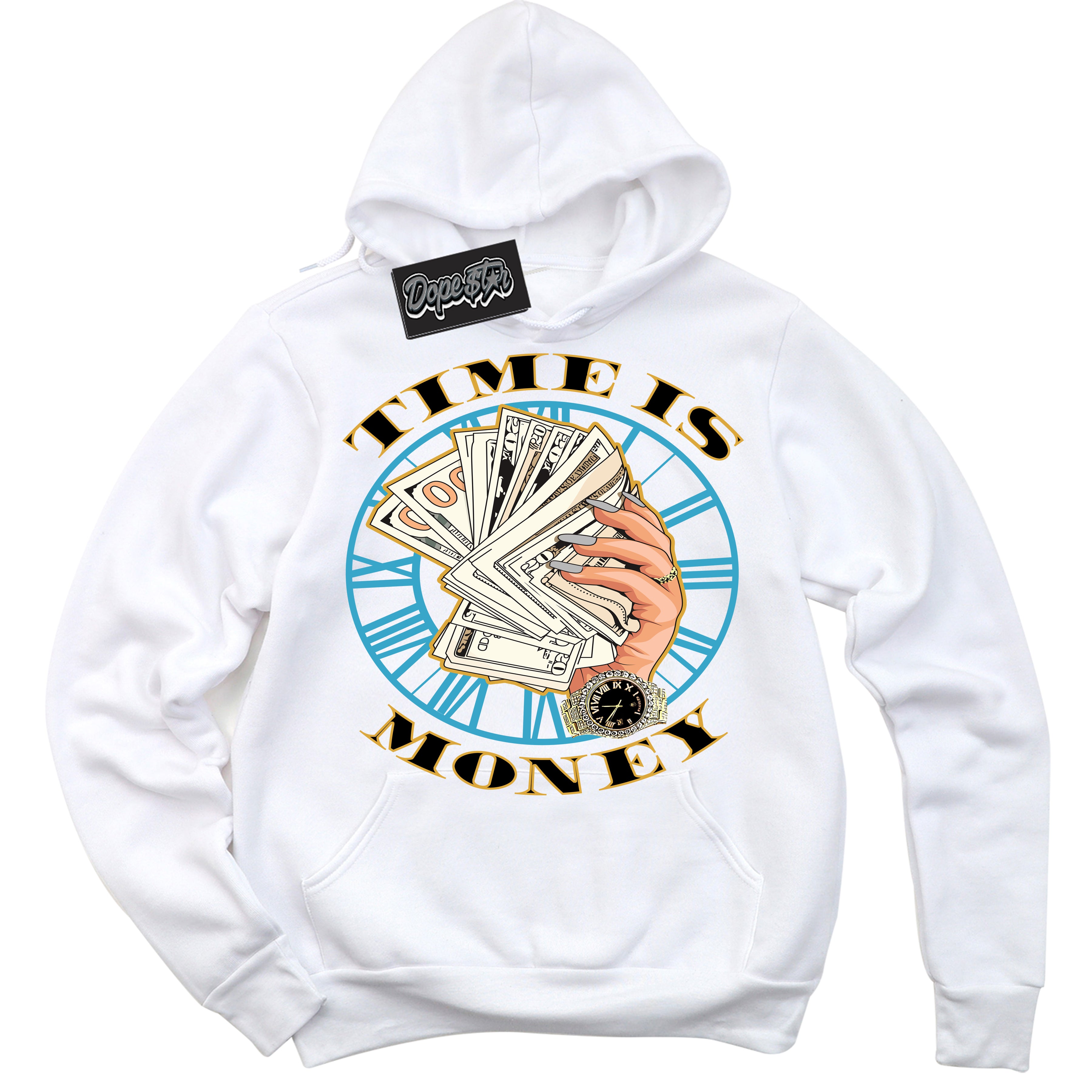 Cool White Hoodie with “ Time Is Money ”  design that Perfectly Matches Aqua 5s Sneakers.