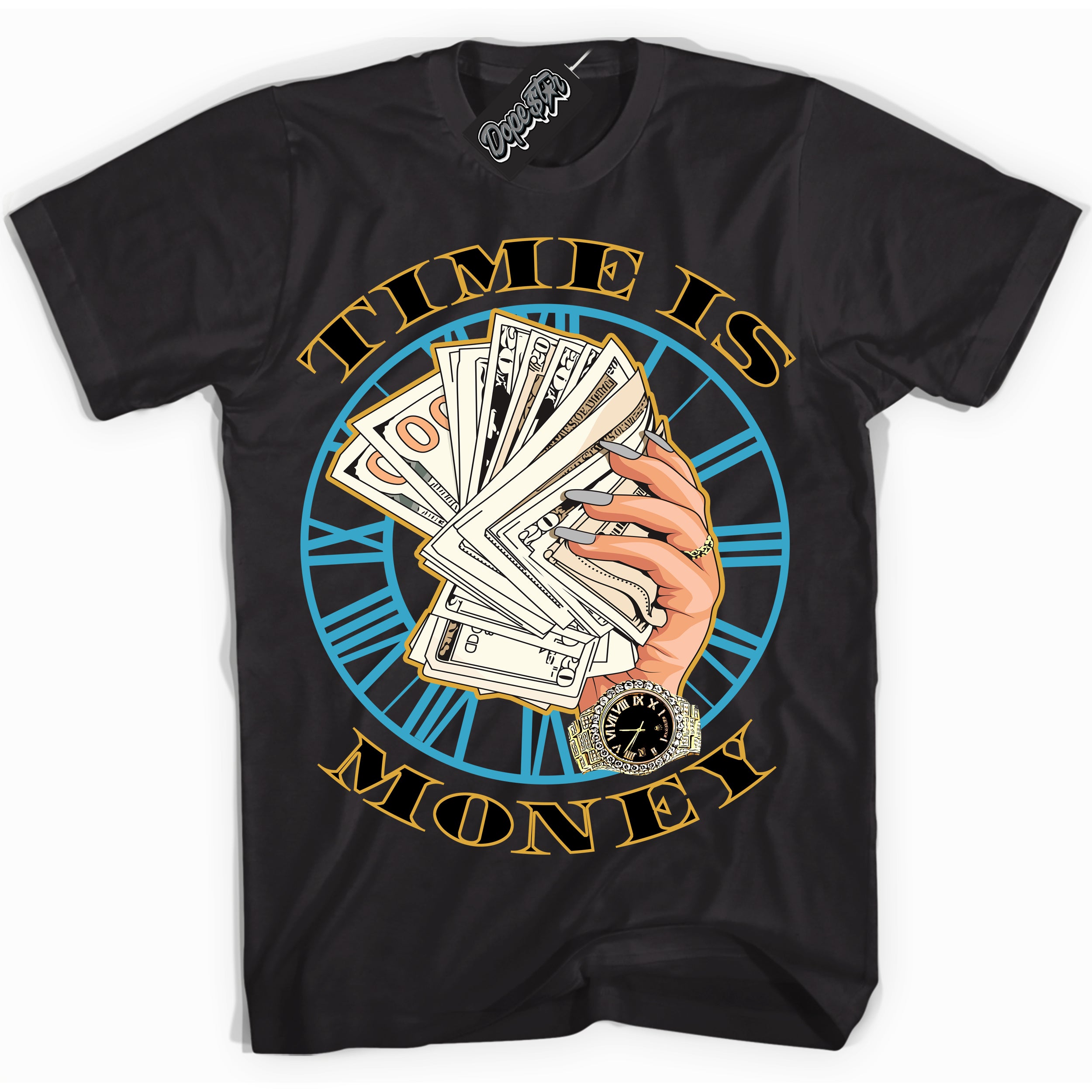 Cool Black Shirt with “ Time Is Money” design that perfectly matches Aqua 5s Sneakers.