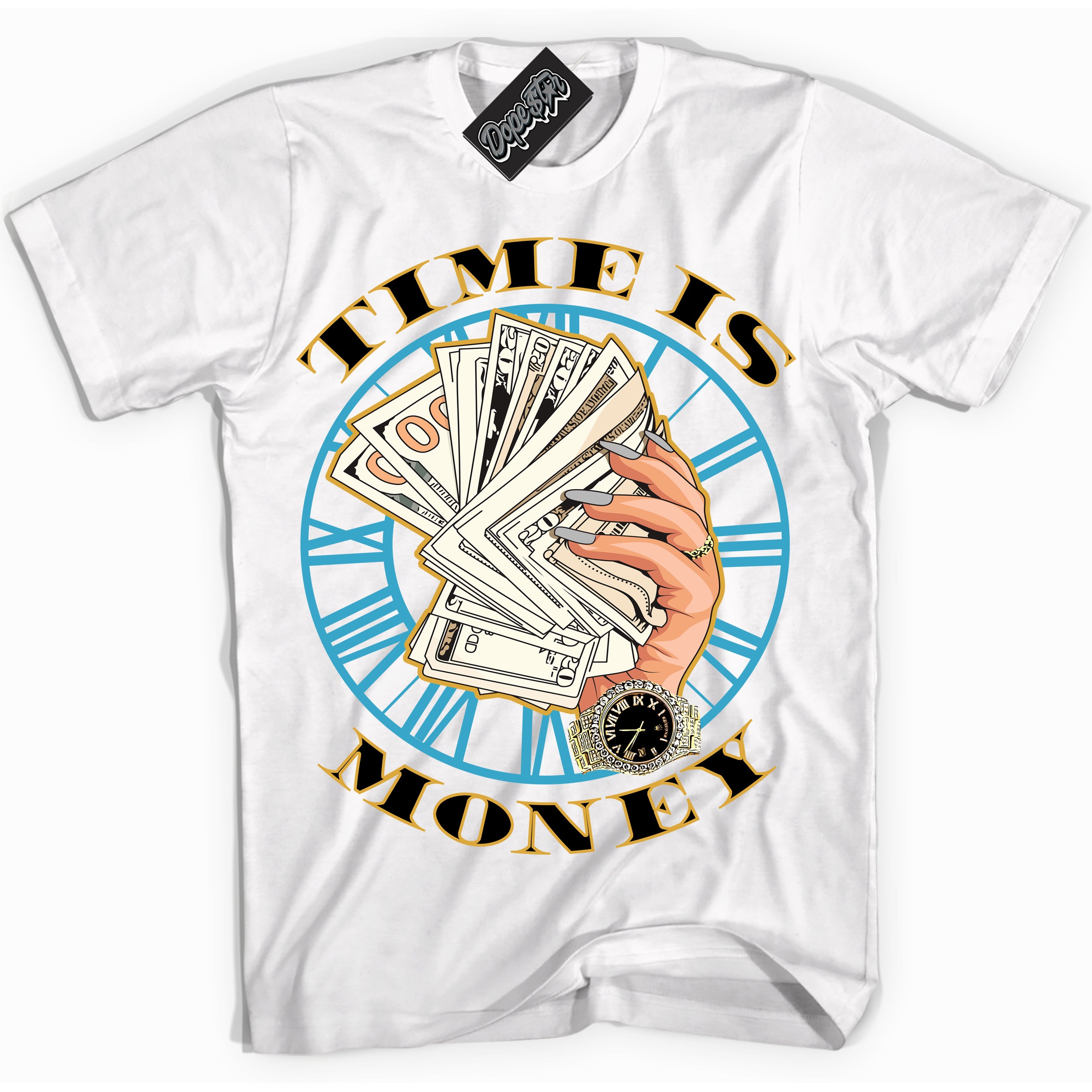 Cool White Shirt with “ Time Is Money” design that perfectly matches Aqua 5s Sneakers.