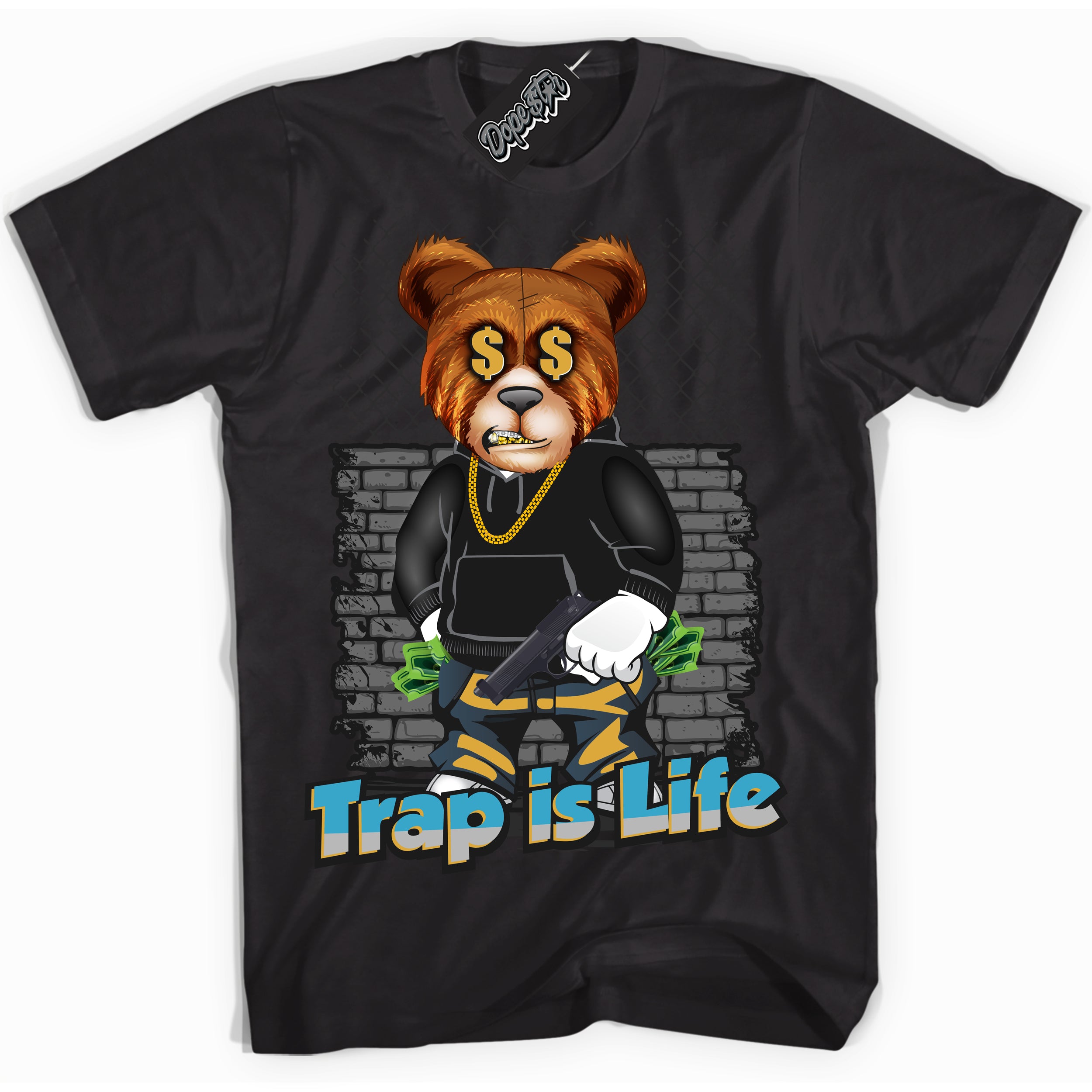 Cool Black Shirt with “ Trap Is Life” design that perfectly matches Aqua 5s Sneakers.