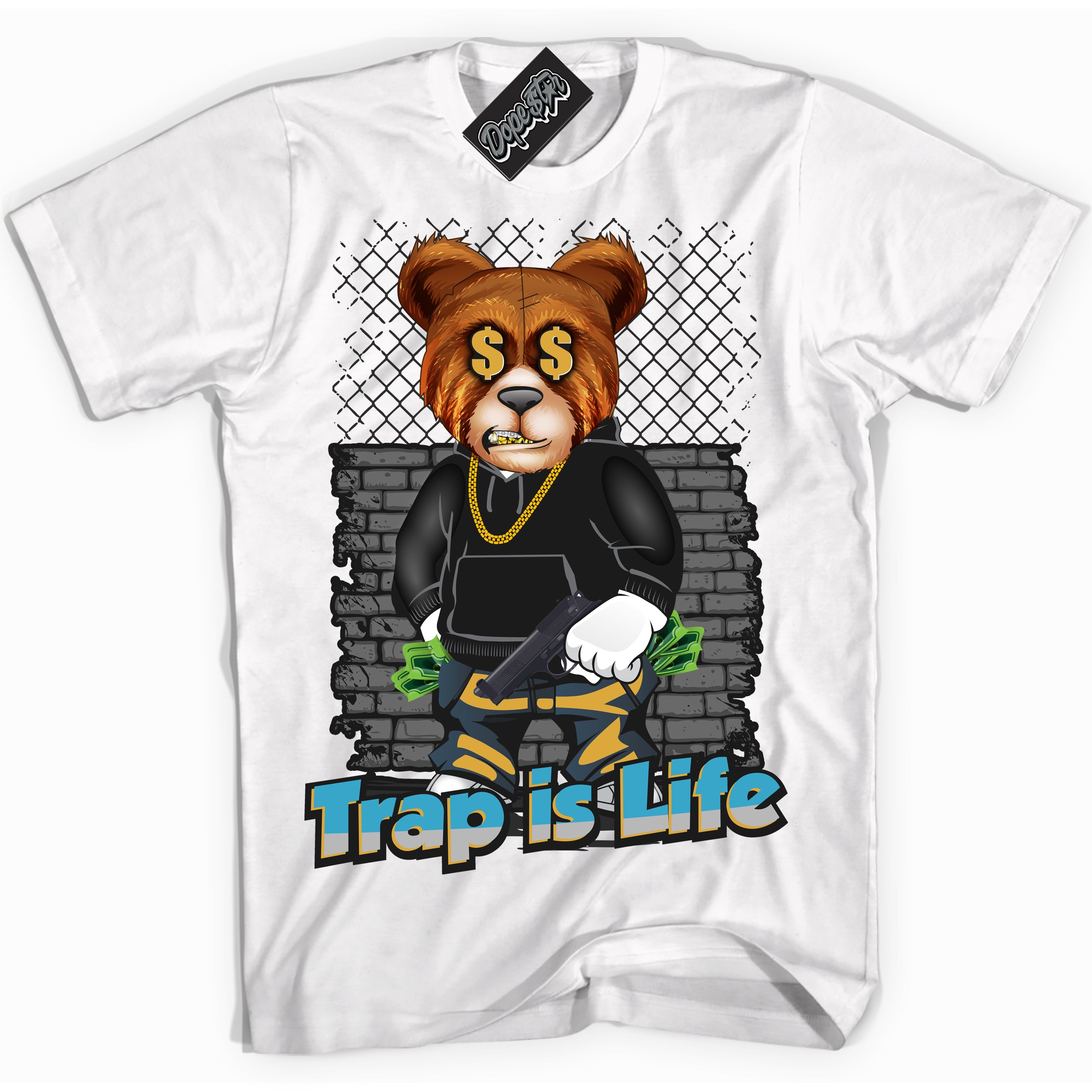 Cool White Shirt with “ Trap Is Life” design that perfectly matches Aqua 5s Sneakers.