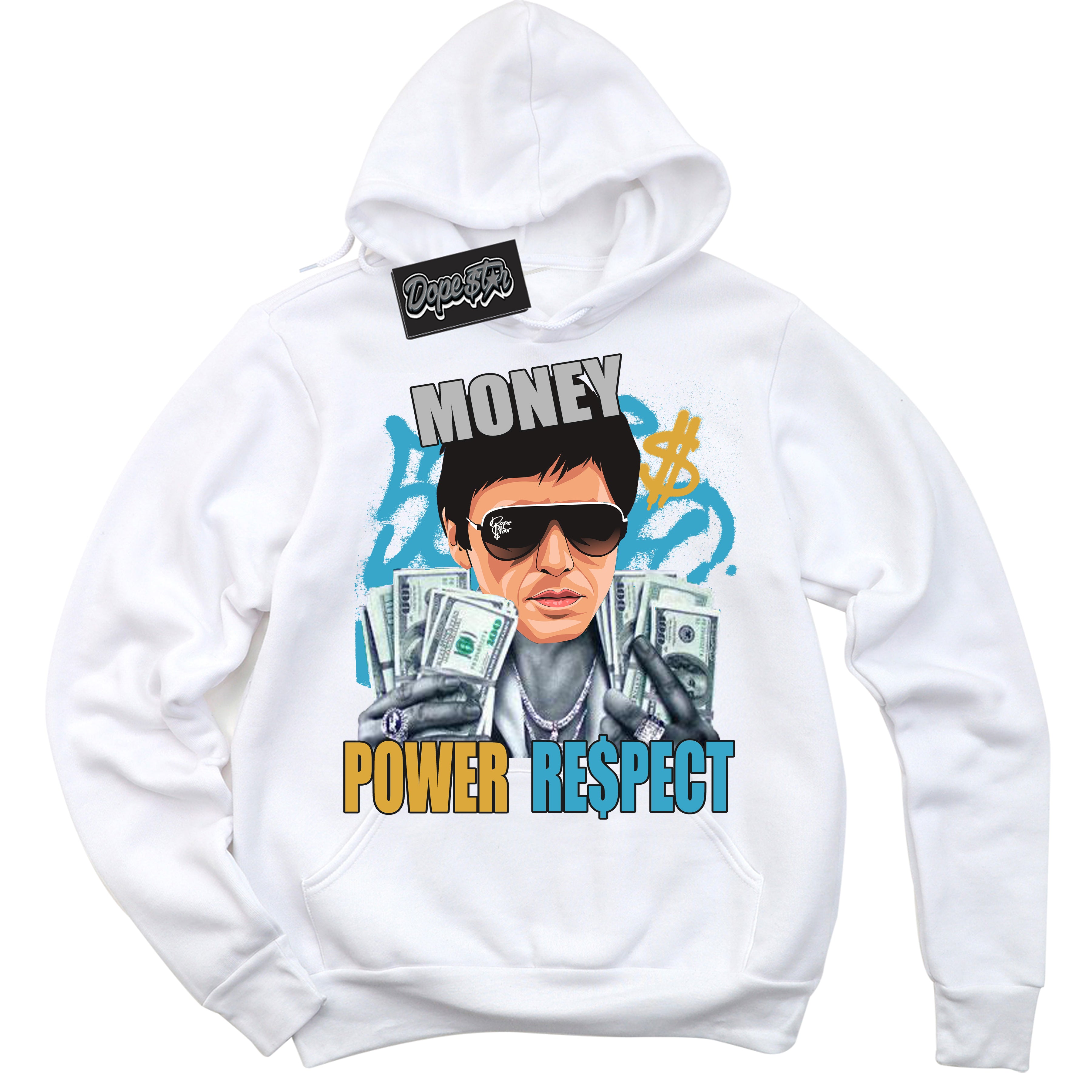 Cool White Hoodie with “ Tony Montana ”  design that Perfectly Matches Aqua 5s Sneakers.