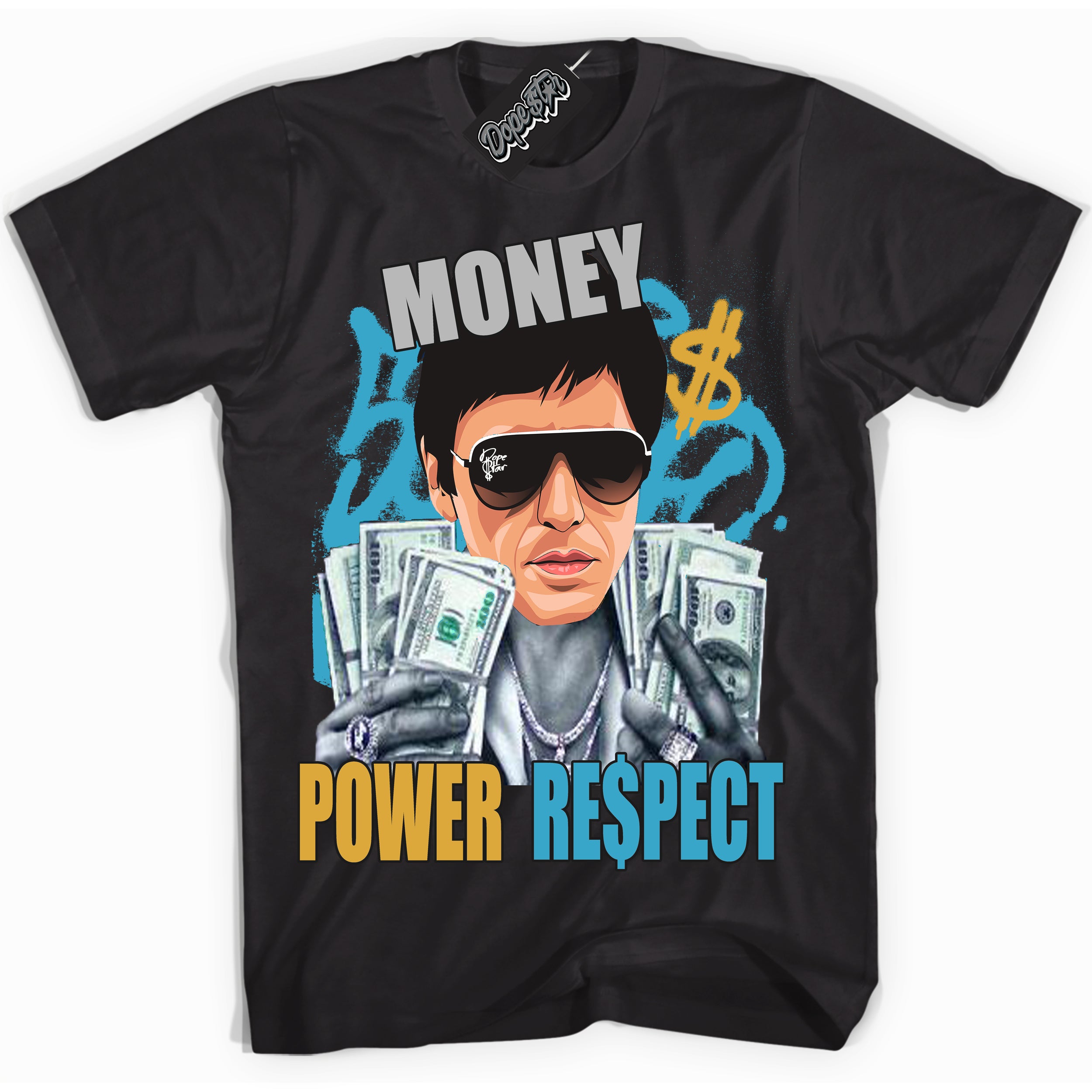 Cool Black Shirt with “ Tony Montana” design that perfectly matches Aqua 5s Sneakers.