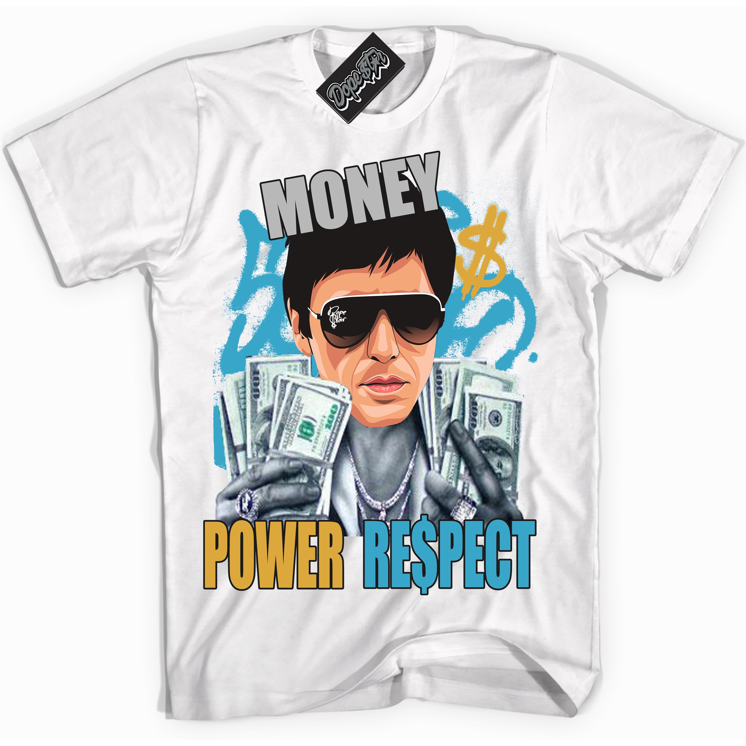 Cool White Shirt with “ Tony Montana” design that perfectly matches Aqua 5s Sneakers.