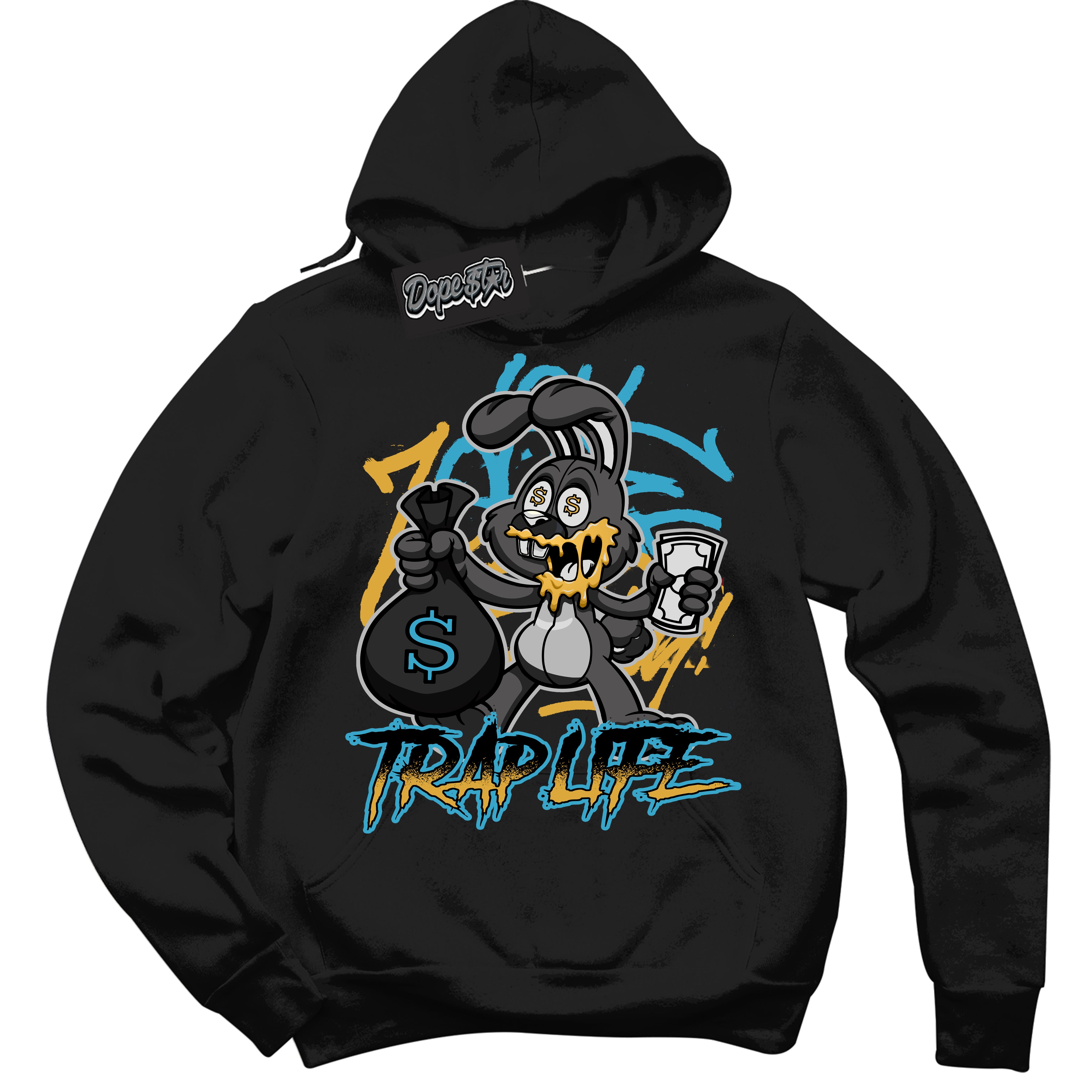 Cool Black Hoodie with “ Trap Rabbit ”  design that Perfectly Matches Aqua 5s Sneakers.