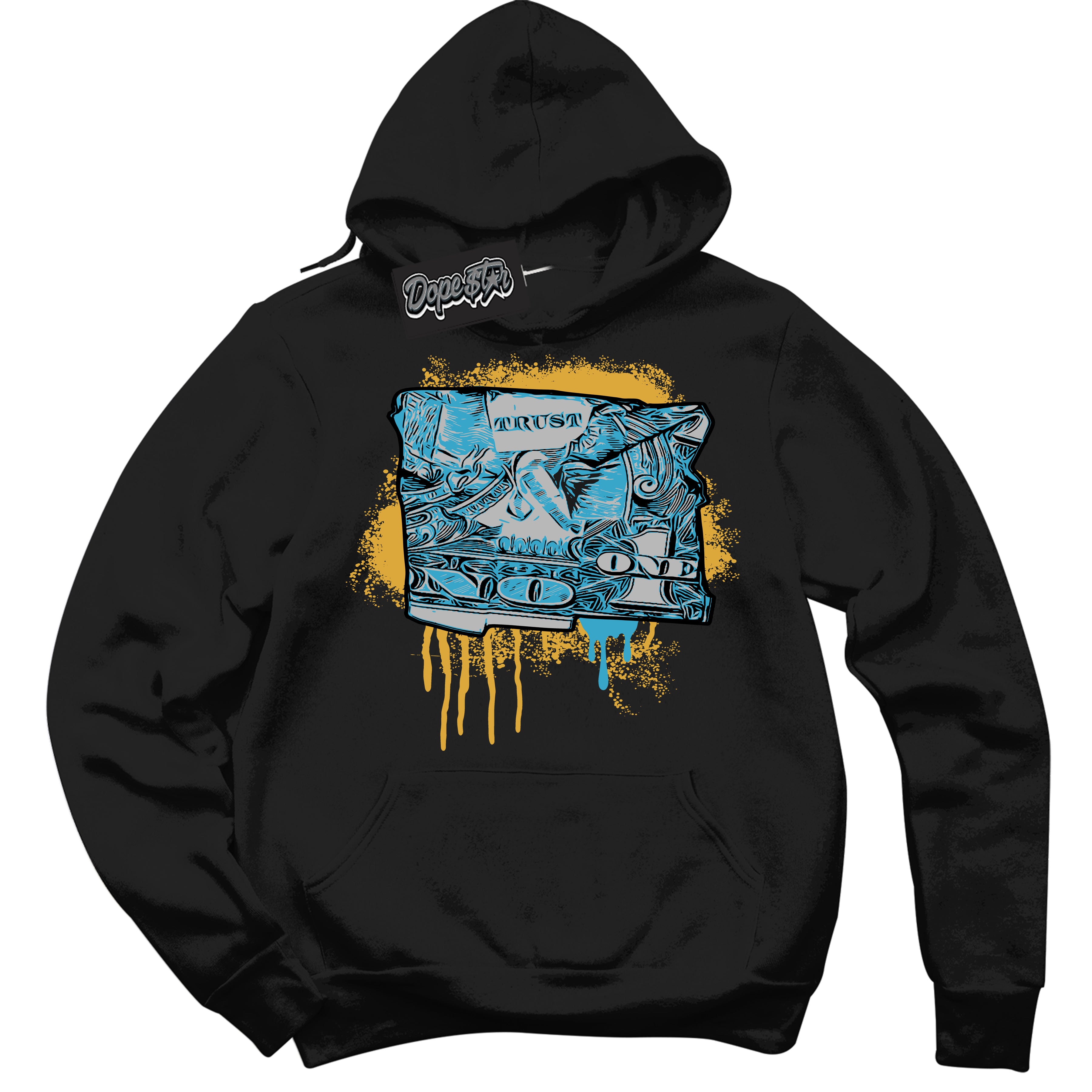 Cool Black Hoodie with “ Trust No One Dollar ”  design that Perfectly Matches Aqua 5s Sneakers.