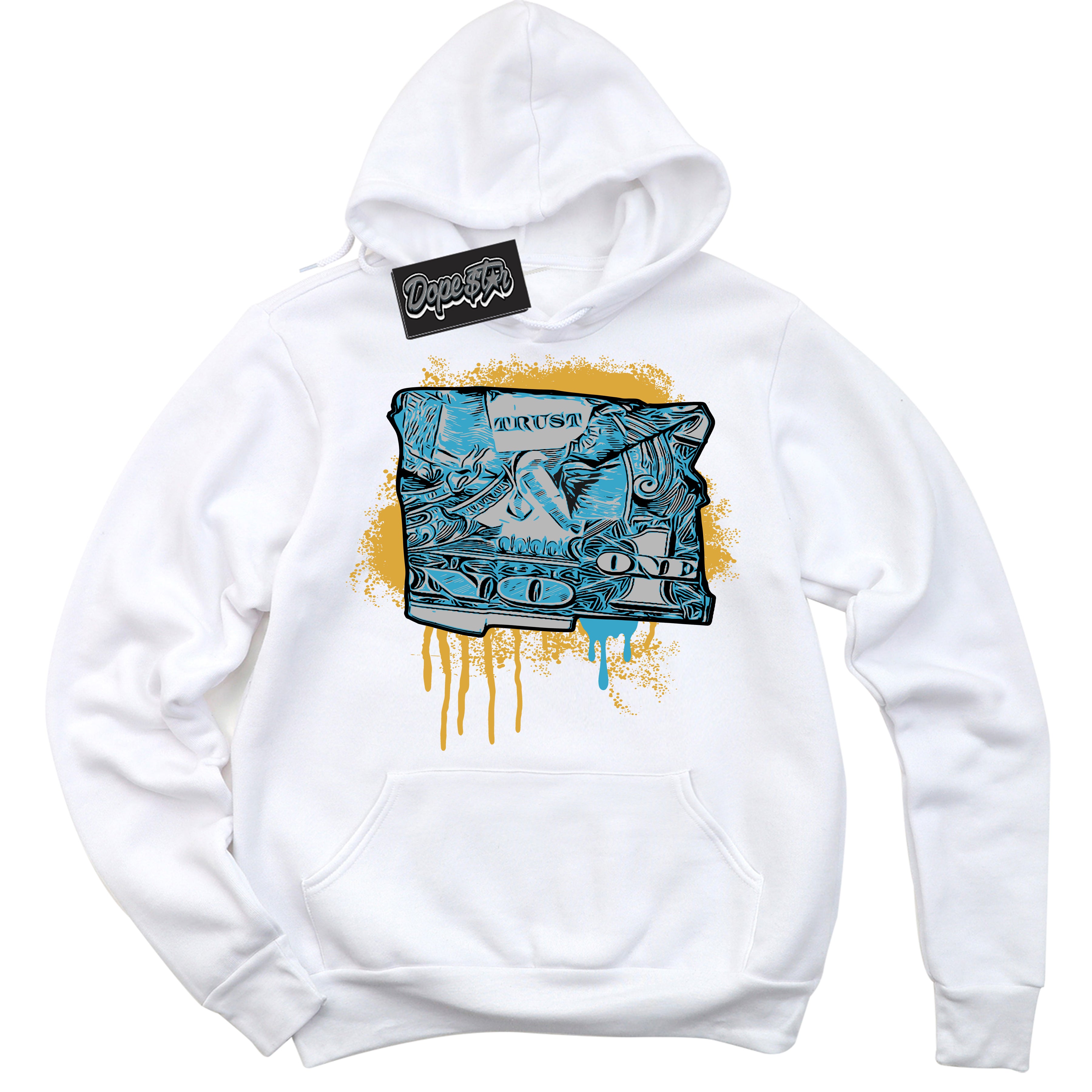 Cool White Hoodie with “ Trust No One Dollar ”  design that Perfectly Matches Aqua 5s Sneakers.