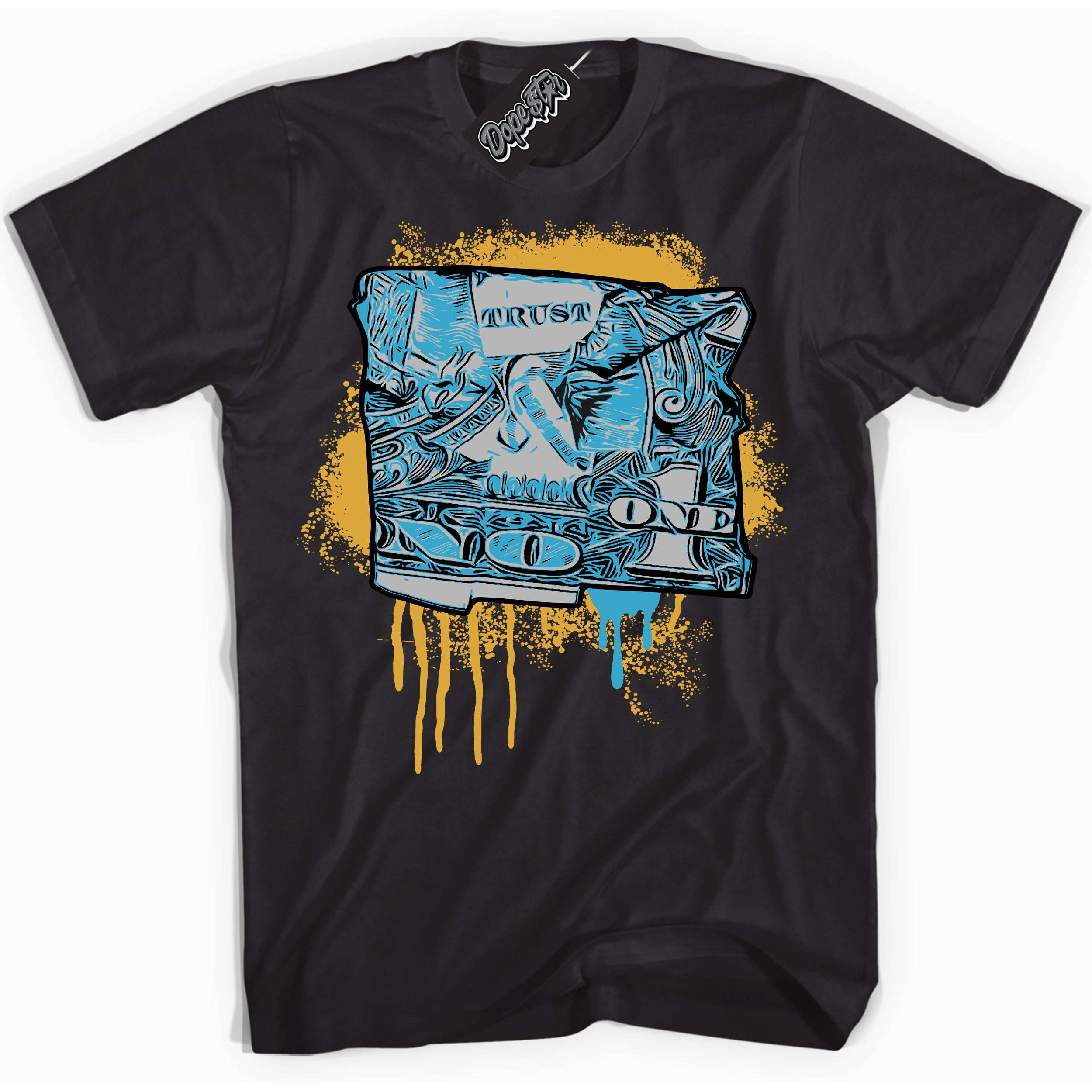 Cool Black Shirt with “ Trust No One Dollar” design that perfectly matches Aqua 5s Sneakers.