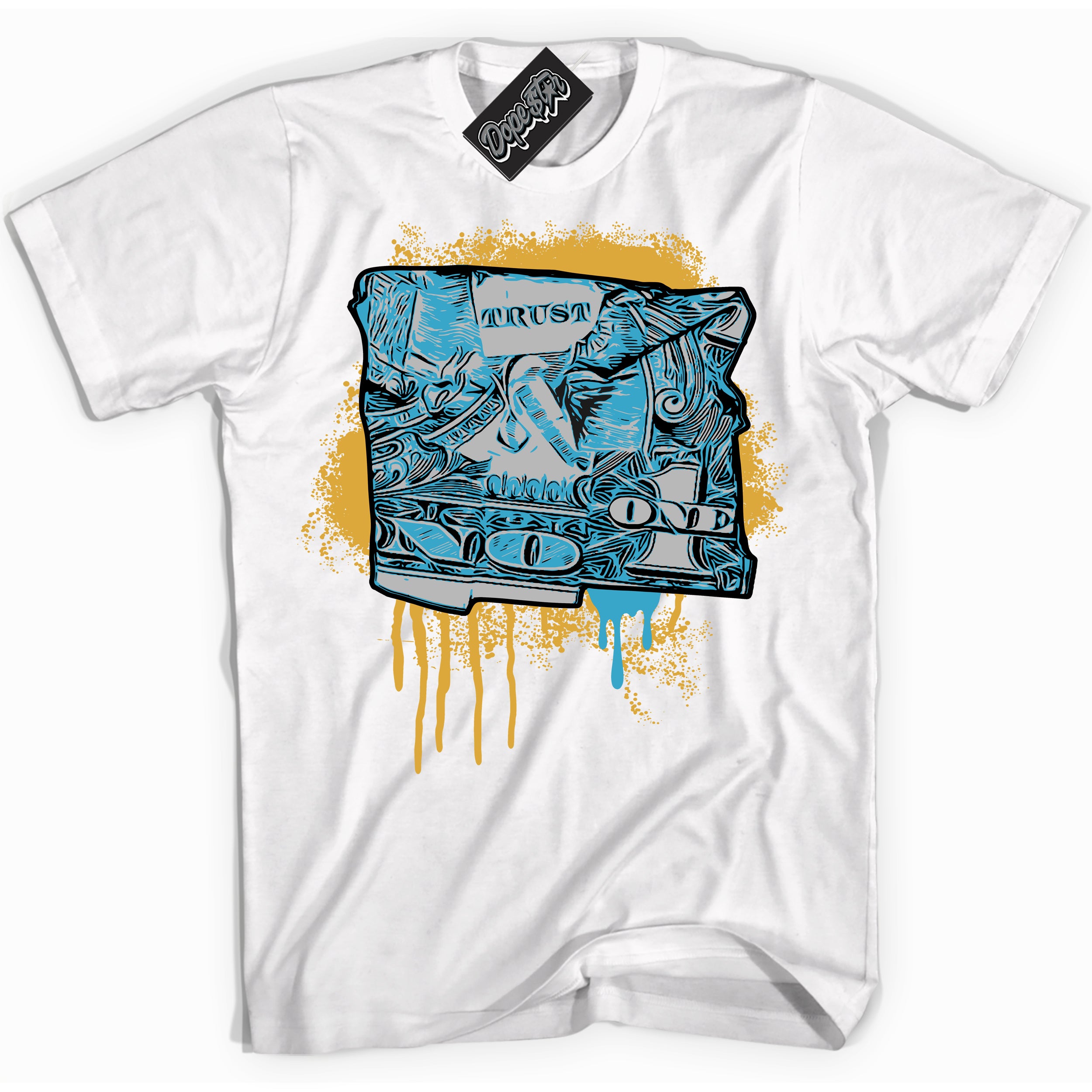 Cool White Shirt with “ Trust No One Dollar” design that perfectly matches Aqua 5s Sneakers.