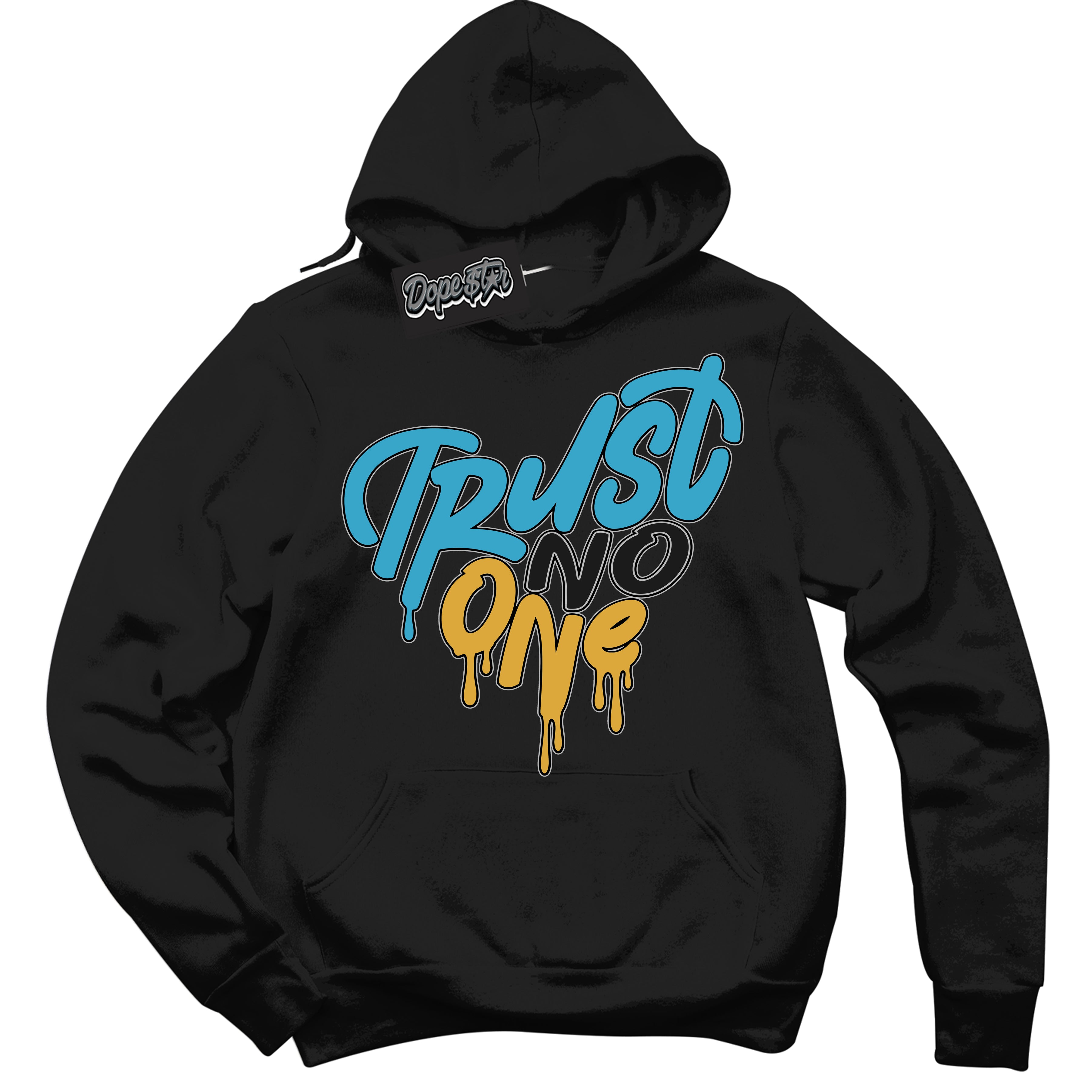 Cool Black Hoodie with “ Trust No One Heart ”  design that Perfectly Matches Aqua 5s Sneakers.