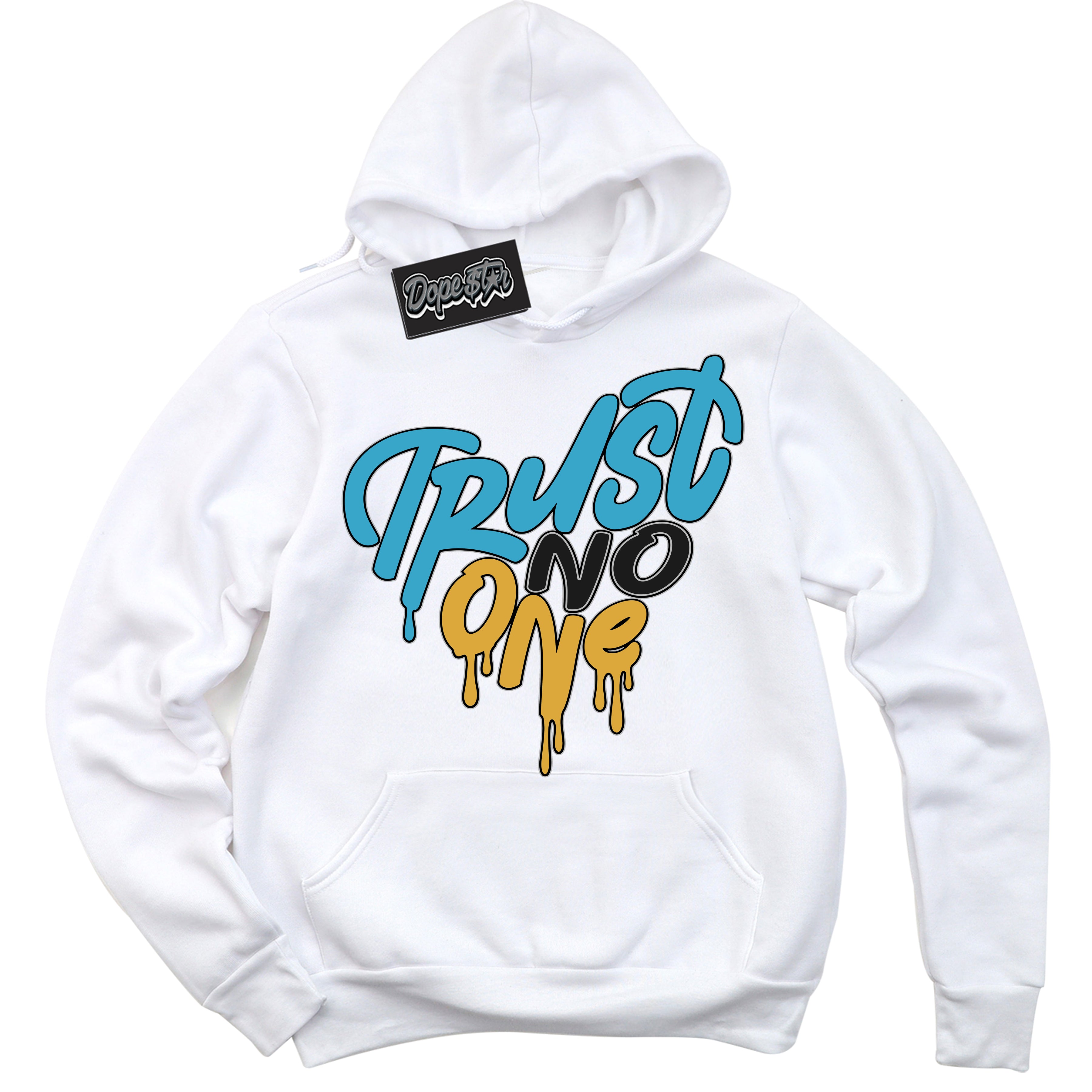 Cool White Hoodie with “ Trust No One Heart ”  design that Perfectly Matches Aqua 5s Sneakers.