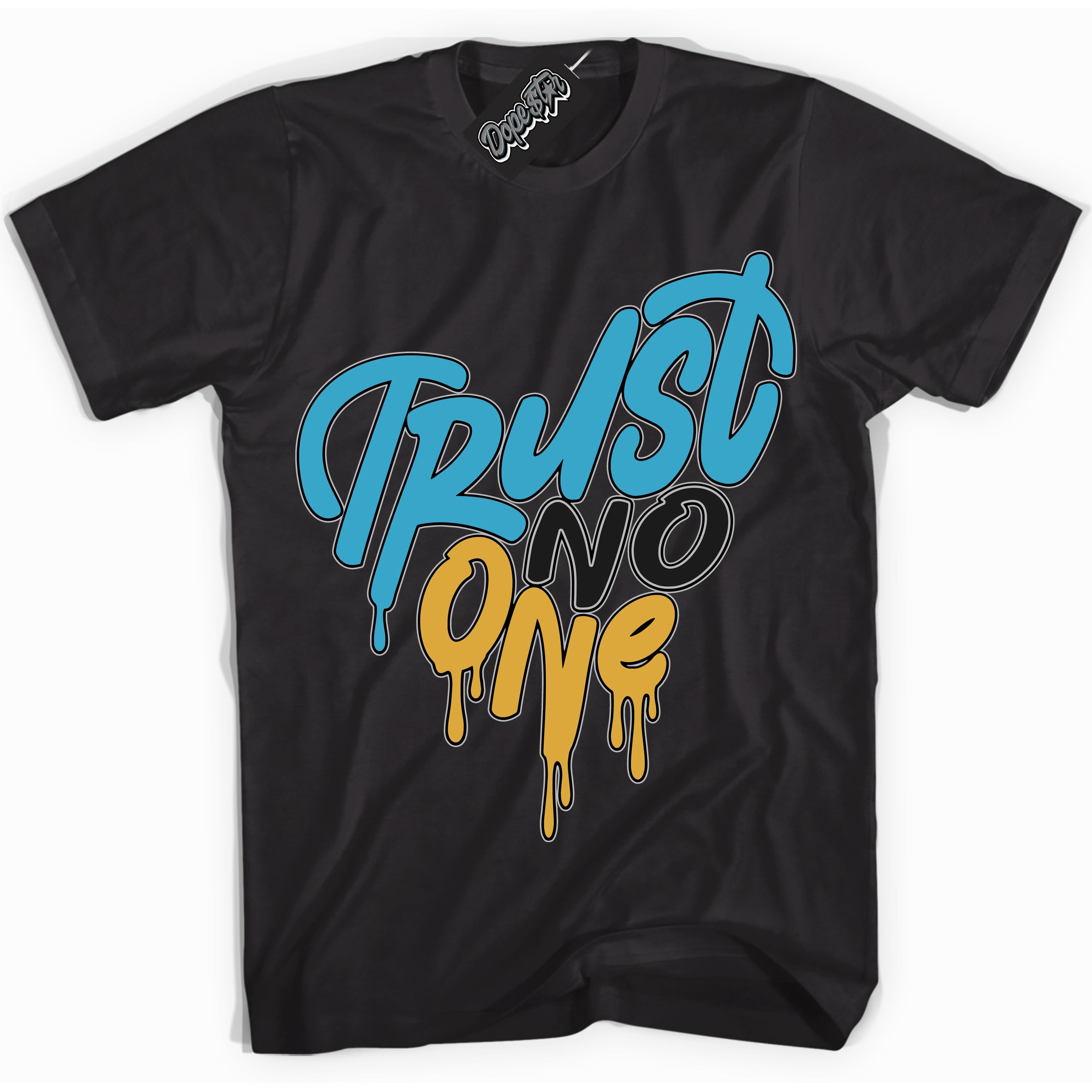 Cool Black Shirt with “ Trust No One Heart” design that perfectly matches Aqua 5s Sneakers.