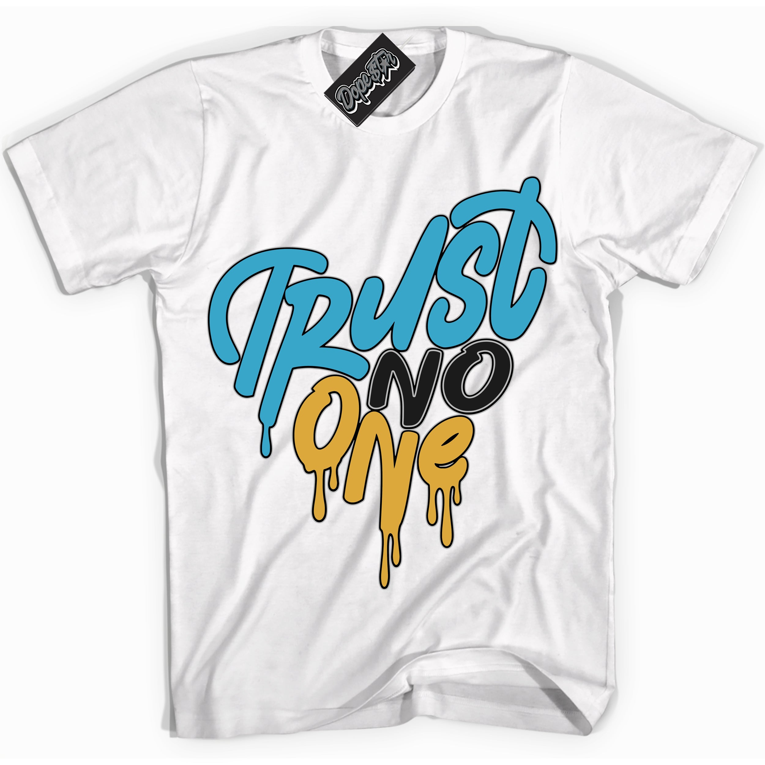 Cool White Shirt with “ Trust No One Heart” design that perfectly matches Aqua 5s Sneakers.