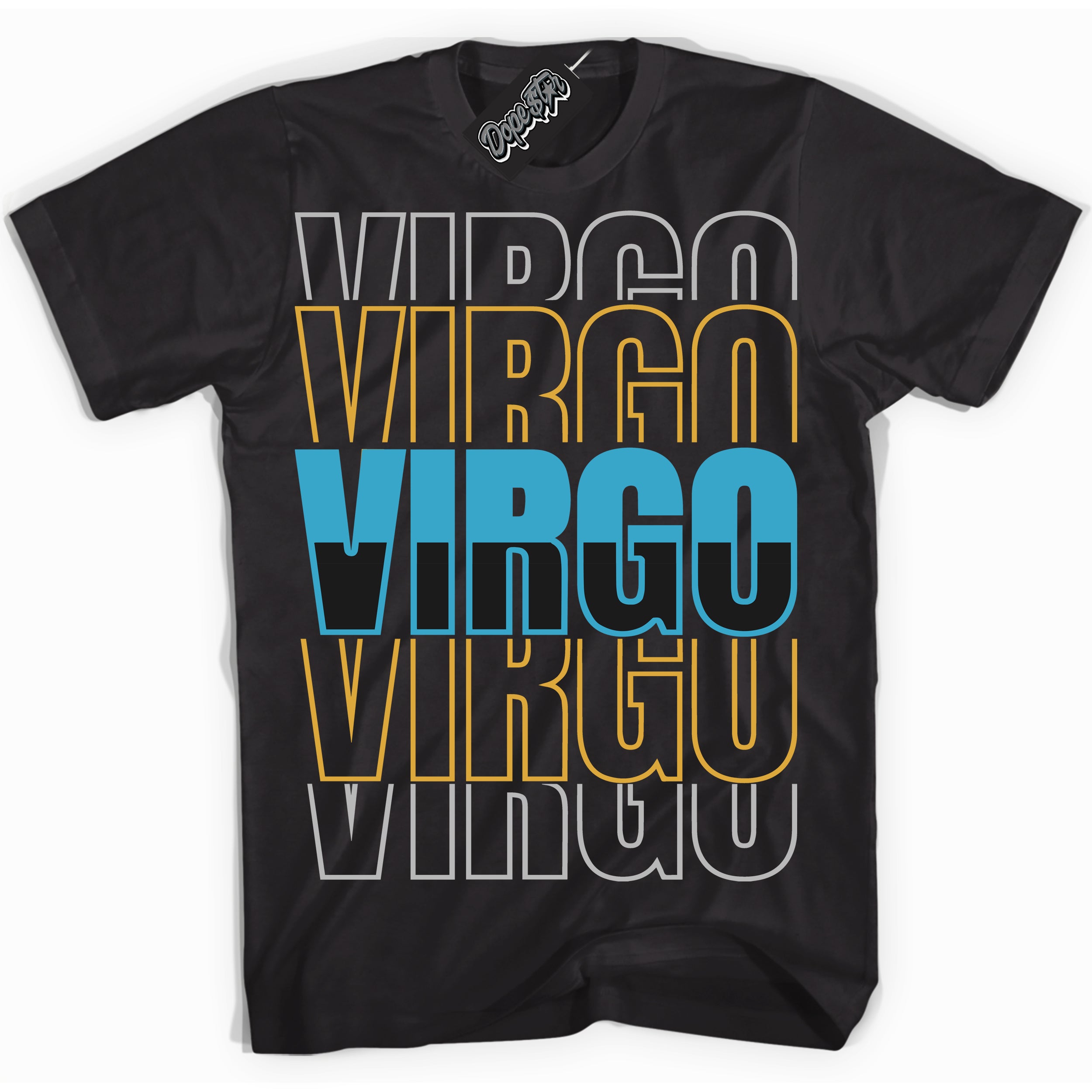Cool Black Shirt with “ Virgo” design that perfectly matches Aqua 5s Sneakers.