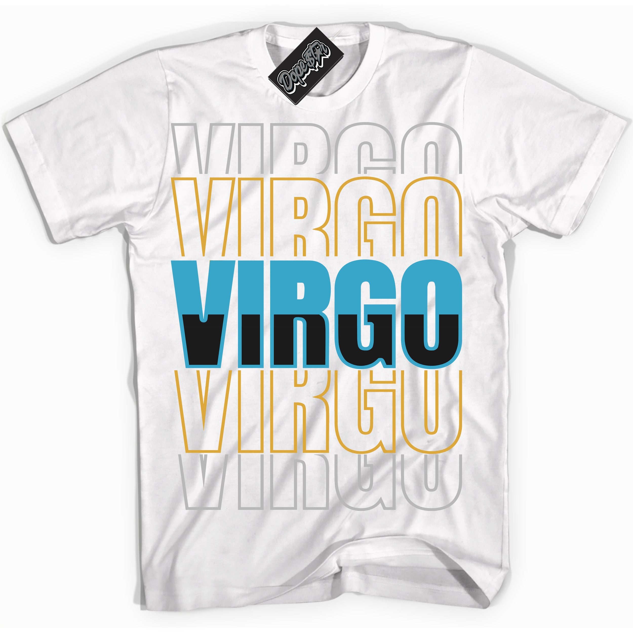 Cool White Shirt with “ Virgo” design that perfectly matches Aqua 5s Sneakers.