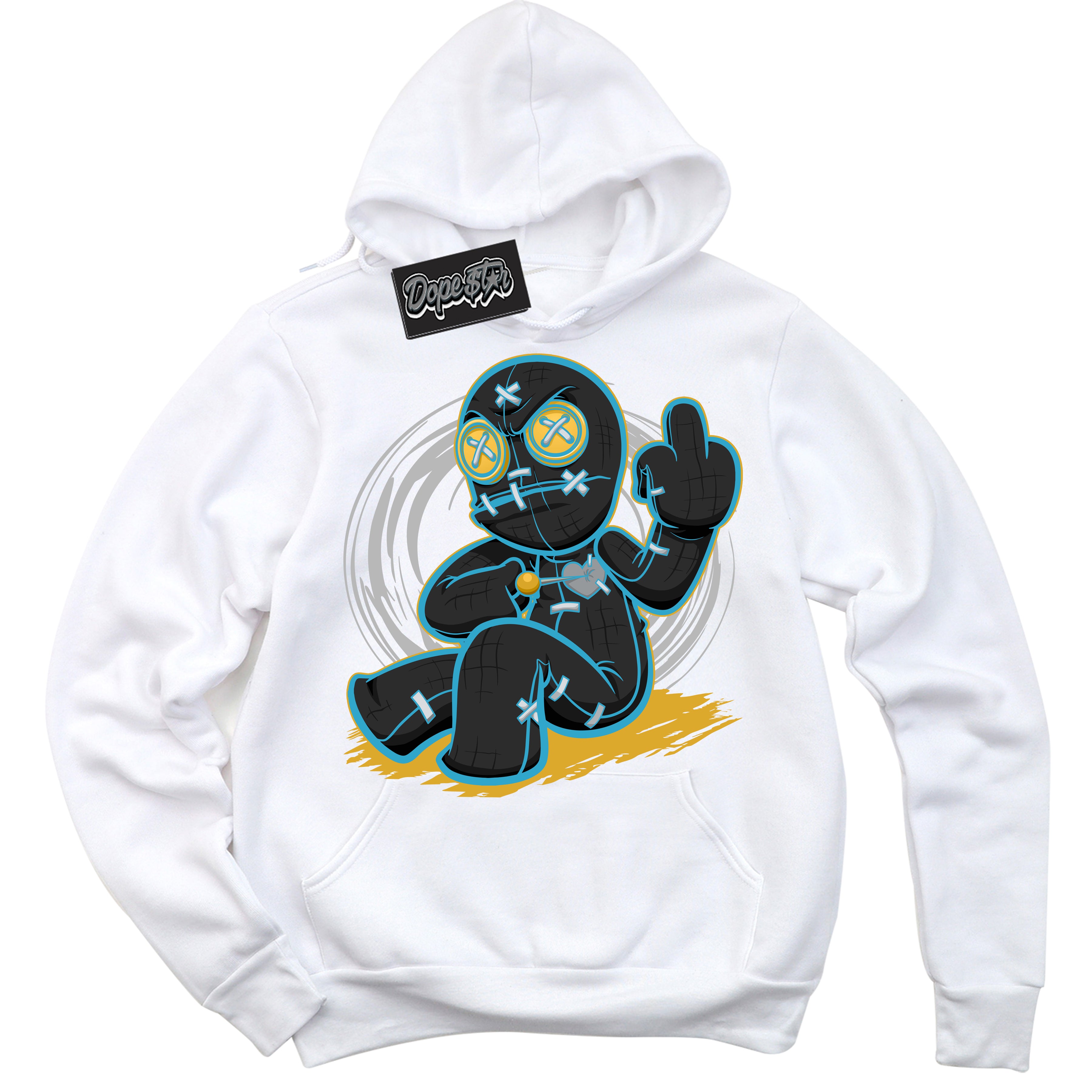 Cool White Hoodie with “ VooDoo Doll ”  design that Perfectly Matches Aqua 5s Sneakers.