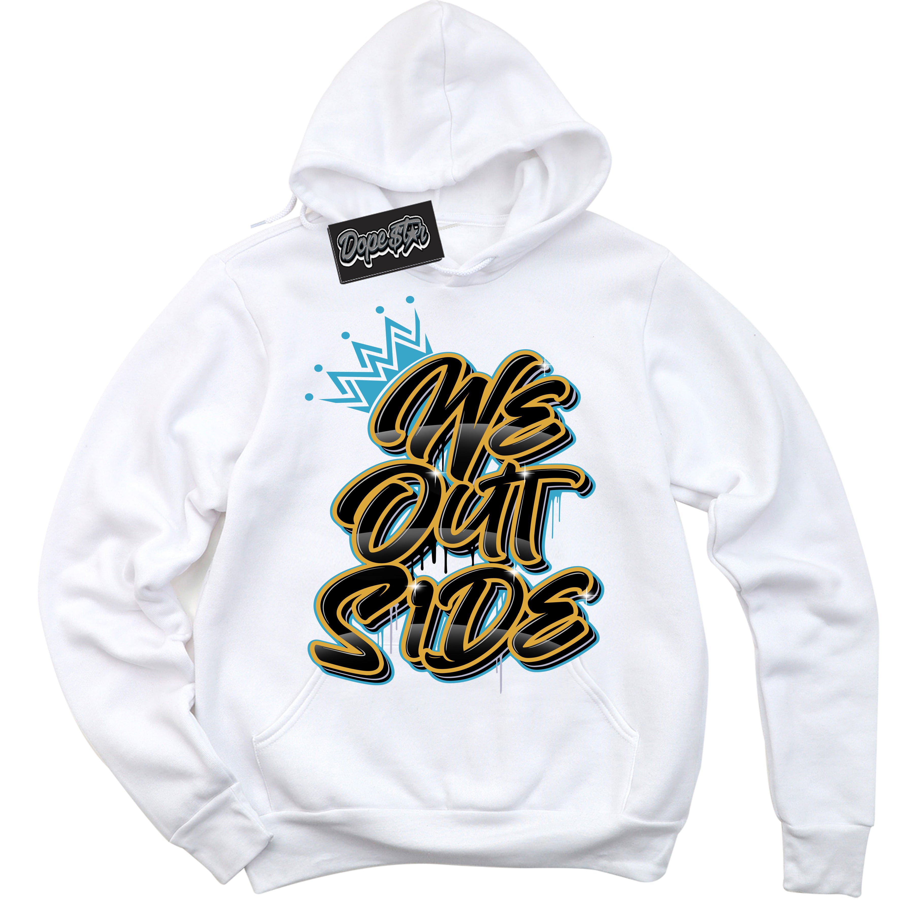 Cool White Hoodie with “ We Outside ”  design that Perfectly Matches Aqua 5s Sneakers.