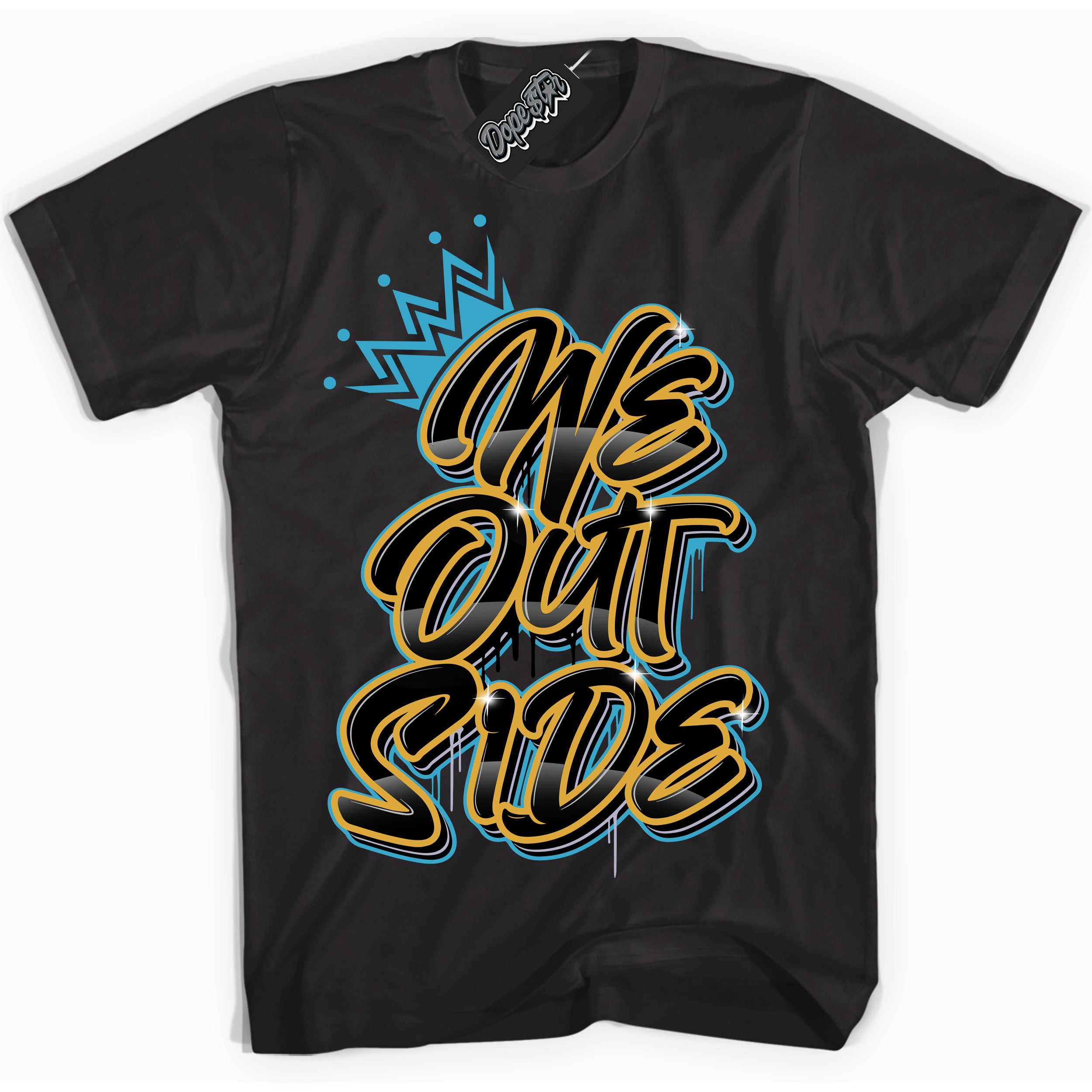 Cool Black Shirt with “ We Outside” design that perfectly matches Aqua 5s Sneakers.
