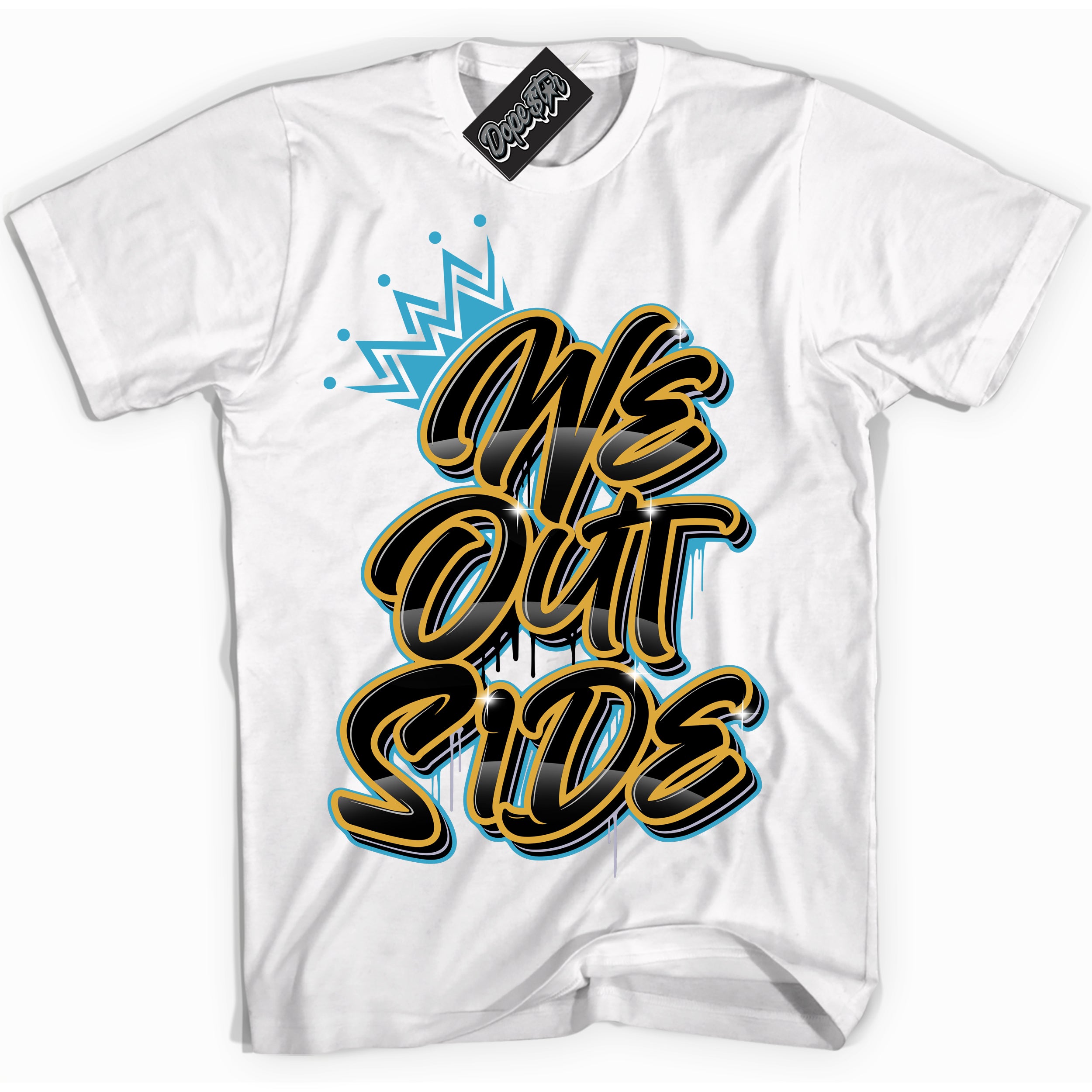 Cool White Shirt with “ We Outside” design that perfectly matches Aqua 5s Sneakers.