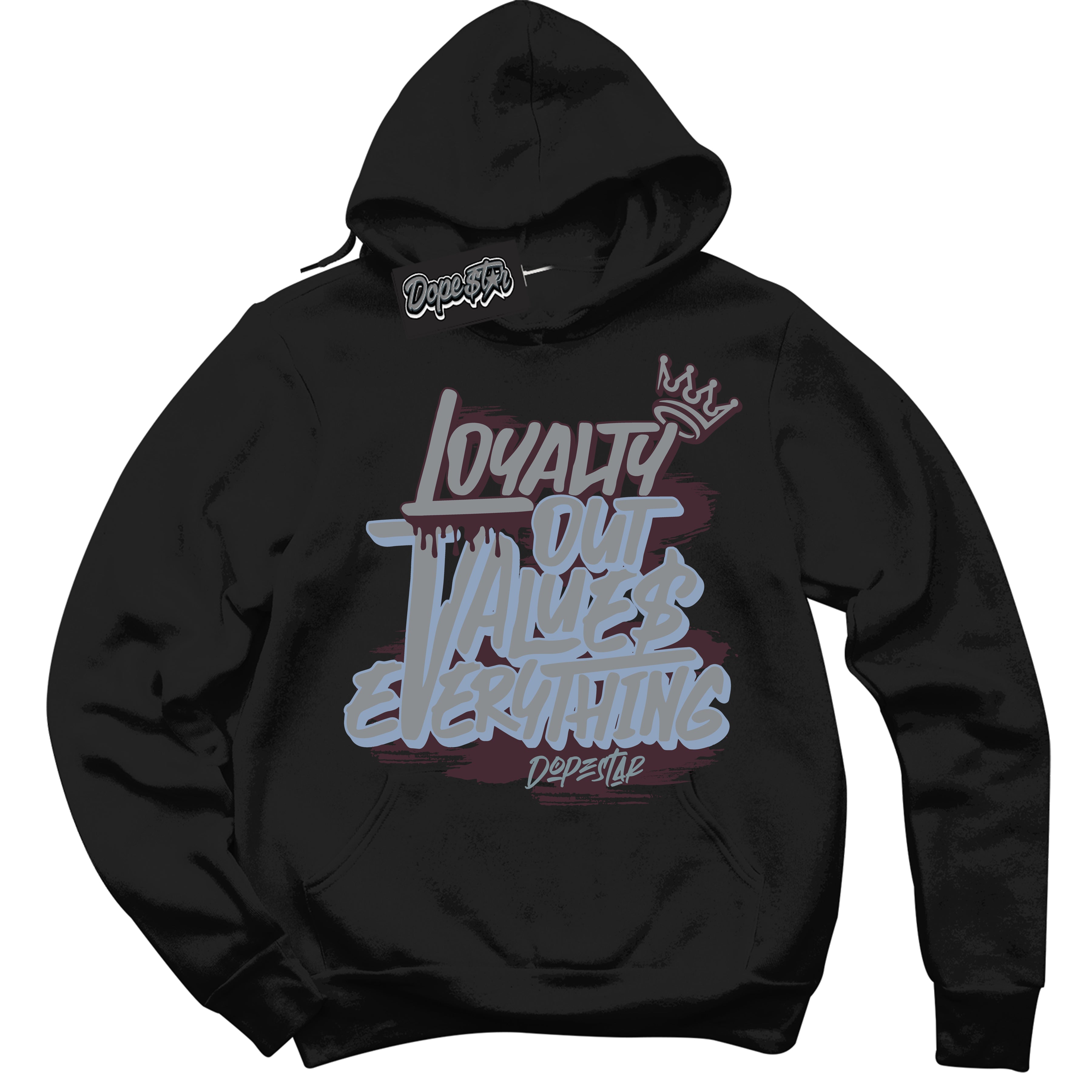 Cool Black Hoodie with “ Loyalty Out Values Everything ”  design that Perfectly Matches  Burgundy 5s Sneakers.