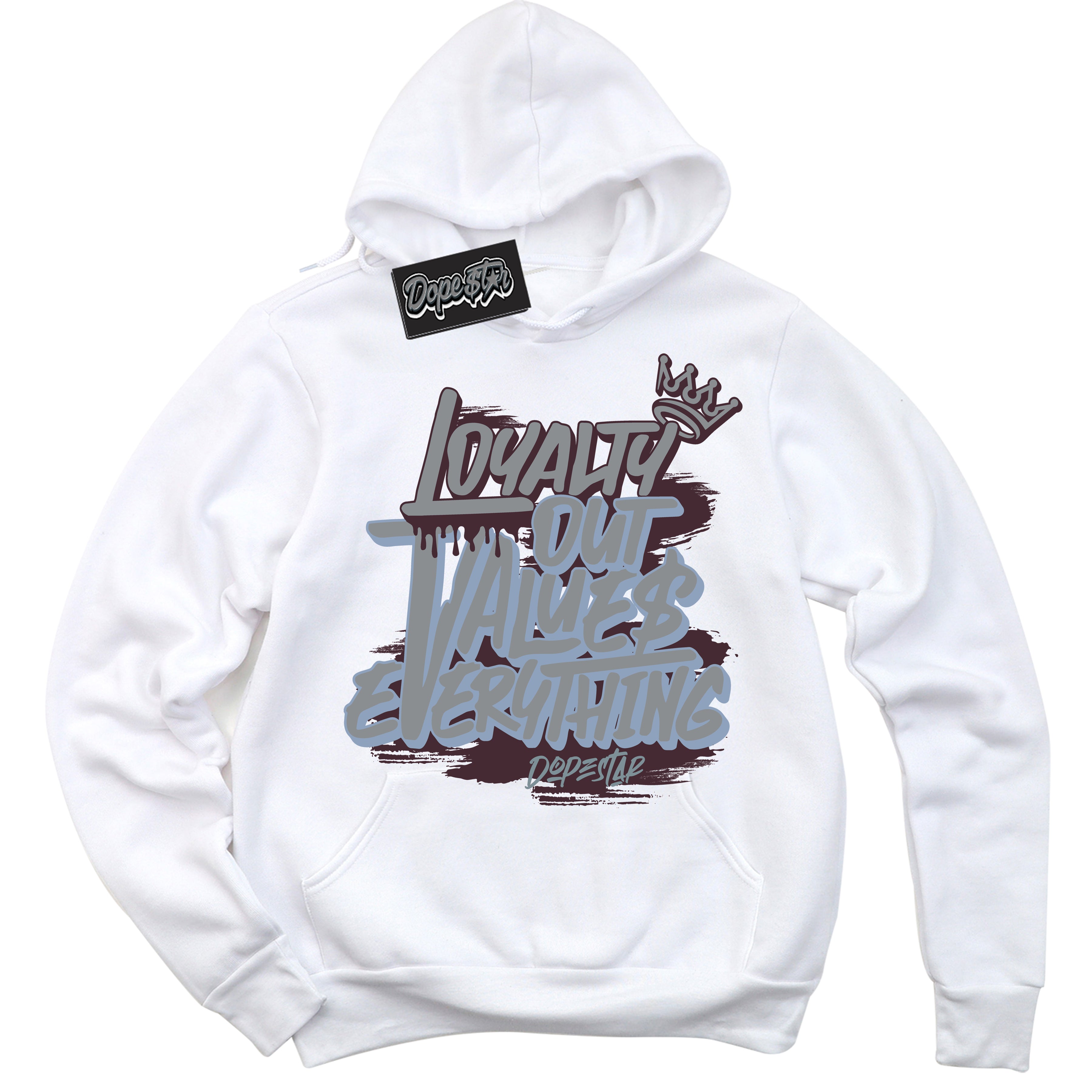 Cool White Hoodie with “ Loyalty Out Values Everything ”  design that Perfectly Matches Burgundy 5s Sneakers.