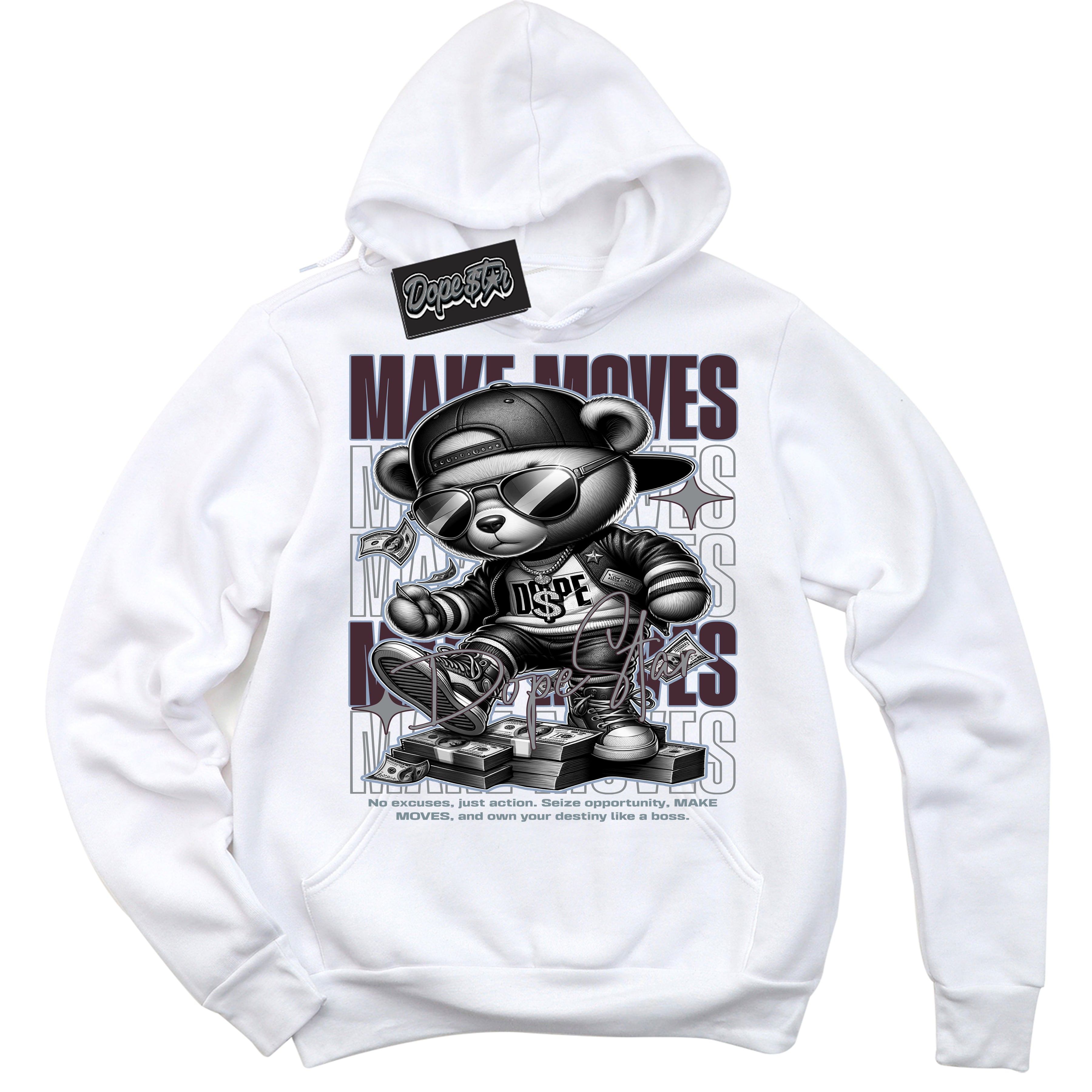 Cool White Hoodie with “ Makin Moves ”  design that Perfectly Matches Burgundy 5s Sneakers.